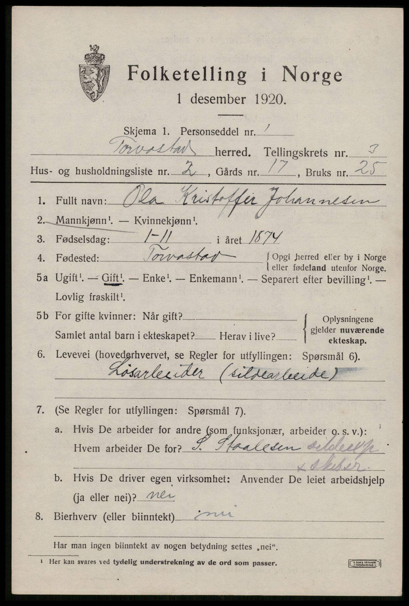 SAST, 1920 census for Torvastad, 1920, p. 2936