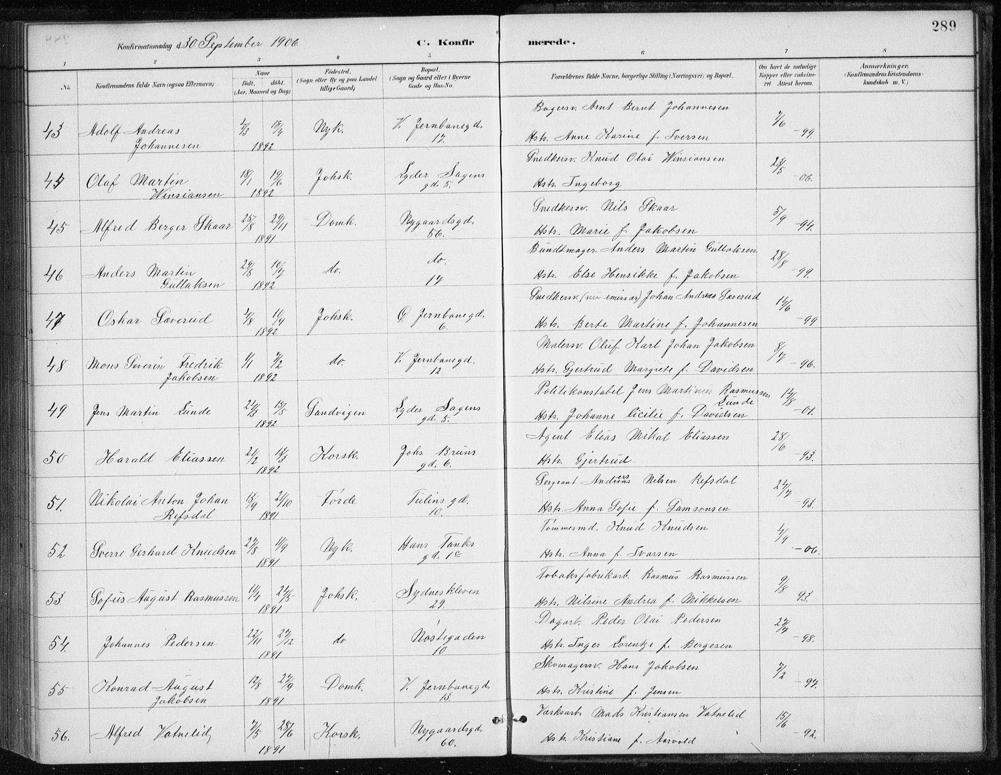 Johanneskirken sokneprestembete, AV/SAB-A-76001/H/Haa/L0008: Parish register (official) no. C 1, 1885-1907, p. 289