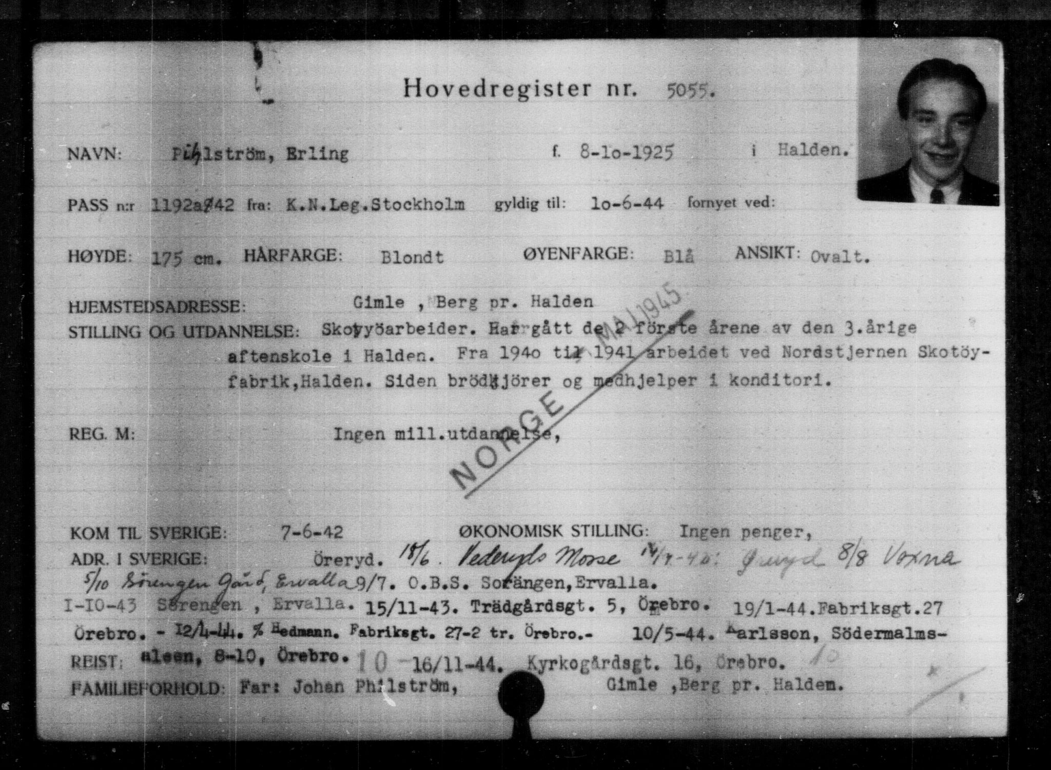 Utenriksstasjonene, Legasjonen i Stockholm, Flyktningkontoret, AV/RA-S-6753/V/Va/L0004: Kjesäterkartoteket, flyktninger med registreringsnr. 3496-6610, 1940-1945, p. 1845