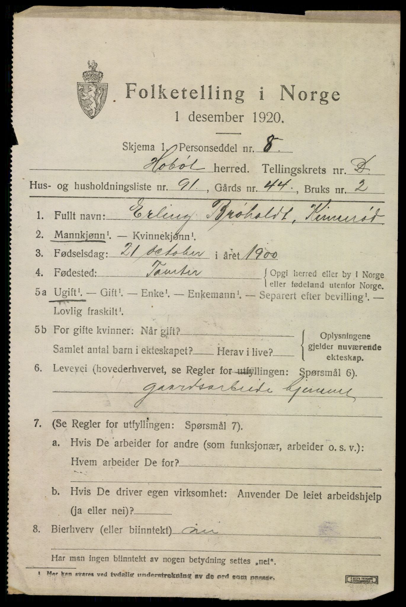 SAO, 1920 census for Hobøl, 1920, p. 3910