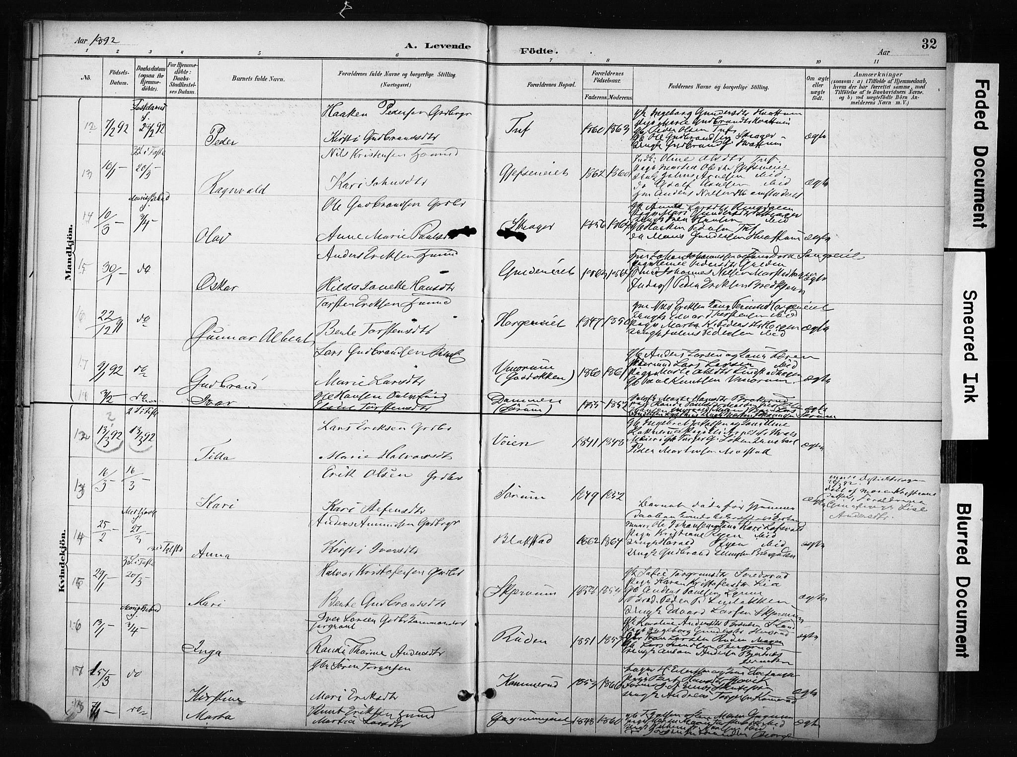 Gran prestekontor, SAH/PREST-112/H/Ha/Haa/L0017: Parish register (official) no. 17, 1889-1897, p. 32