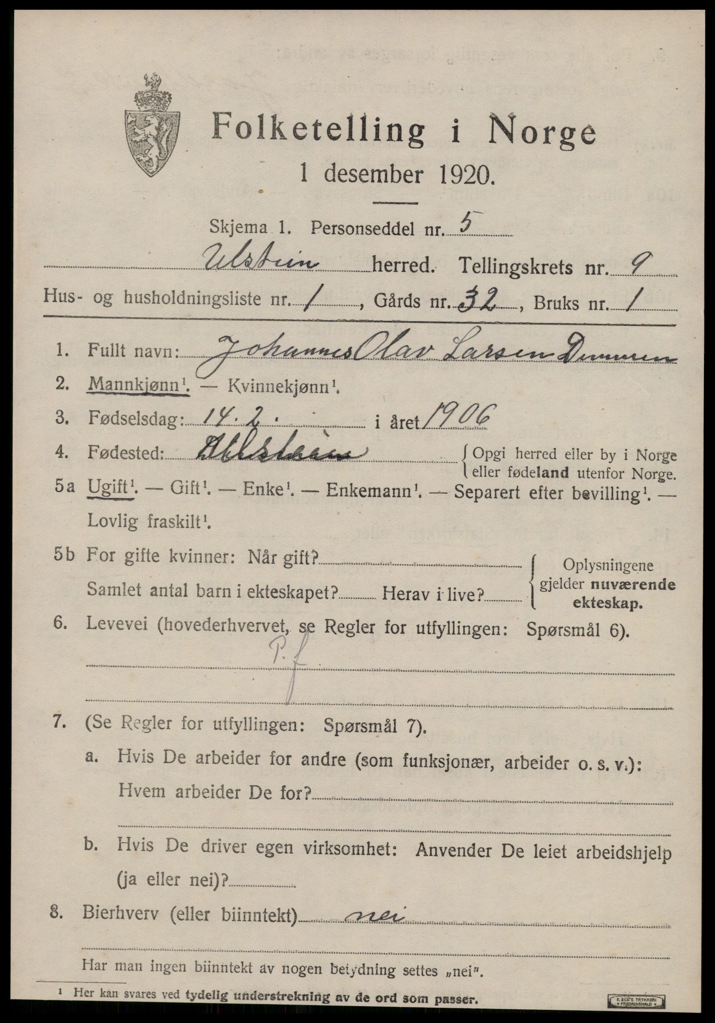 SAT, 1920 census for Ulstein, 1920, p. 4994