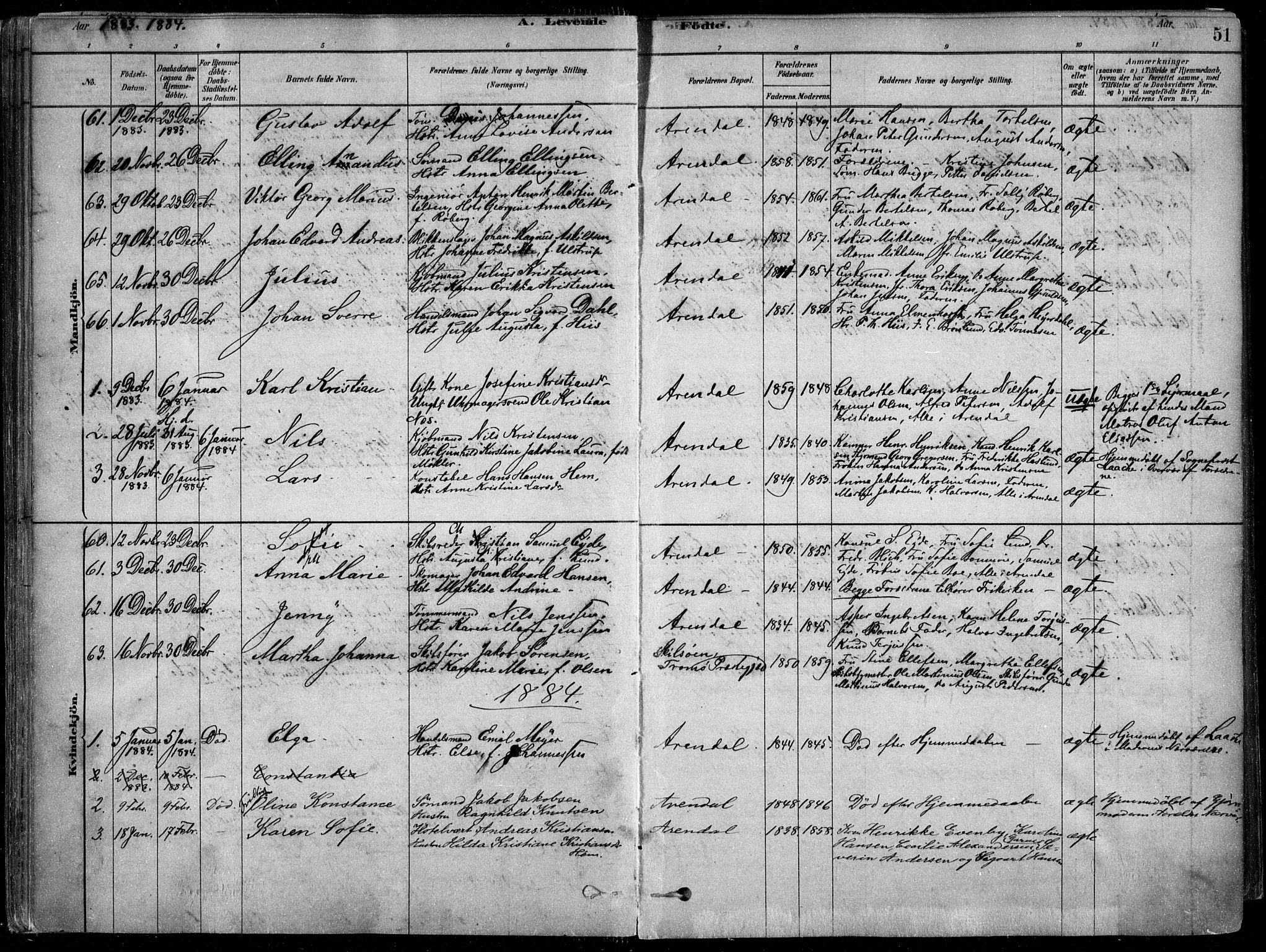 Arendal sokneprestkontor, Trefoldighet, SAK/1111-0040/F/Fa/L0008: Parish register (official) no. A 8, 1878-1899, p. 51