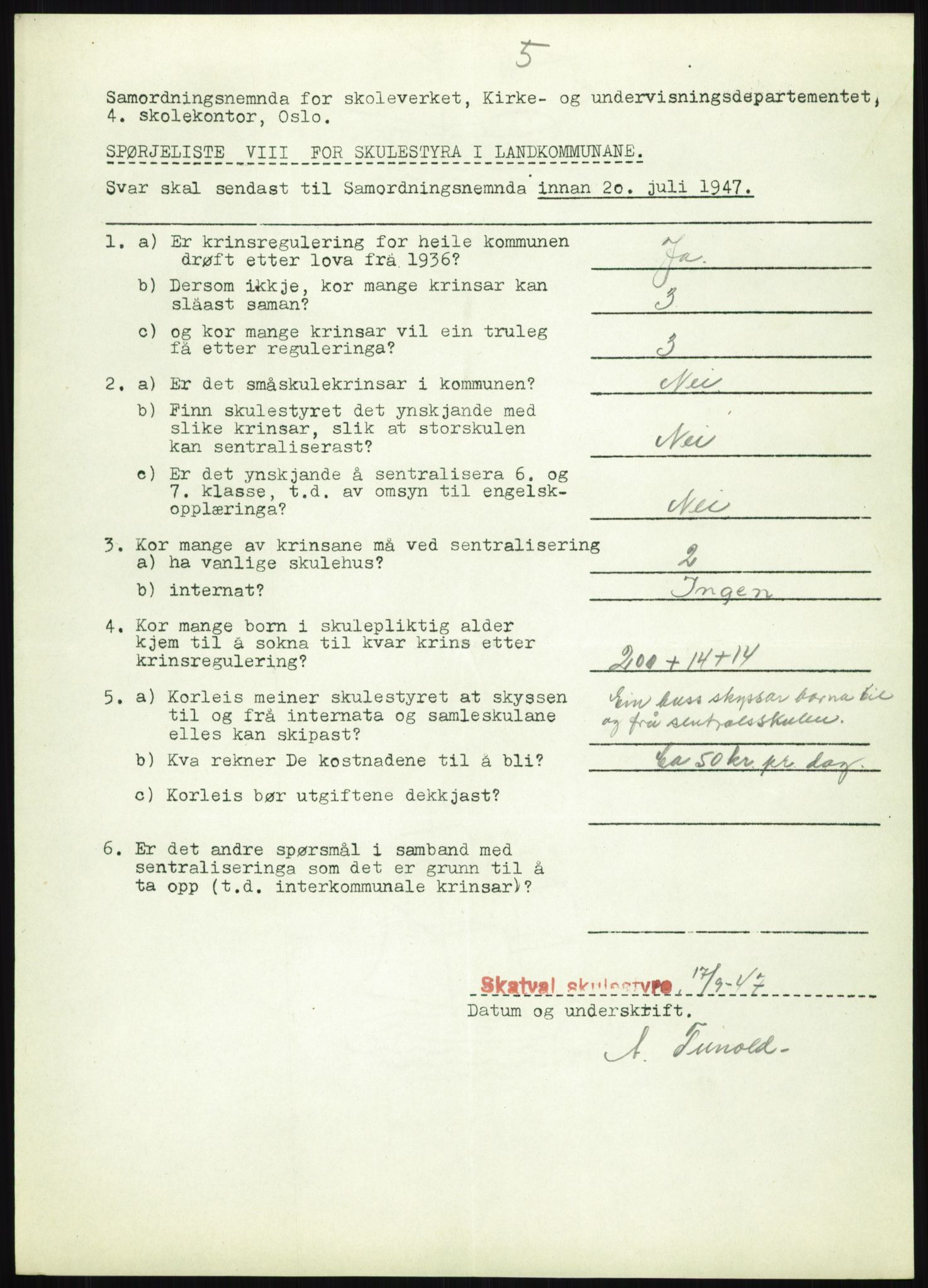 Kirke- og undervisningsdepartementet, Samordningsnemnda for skoleverket, AV/RA-S-1146/D/L0008: Svar på spørreskjema fra kommuner i Nord-Trøndelag, Nordland, Troms og Finnmark, 1947, p. 313
