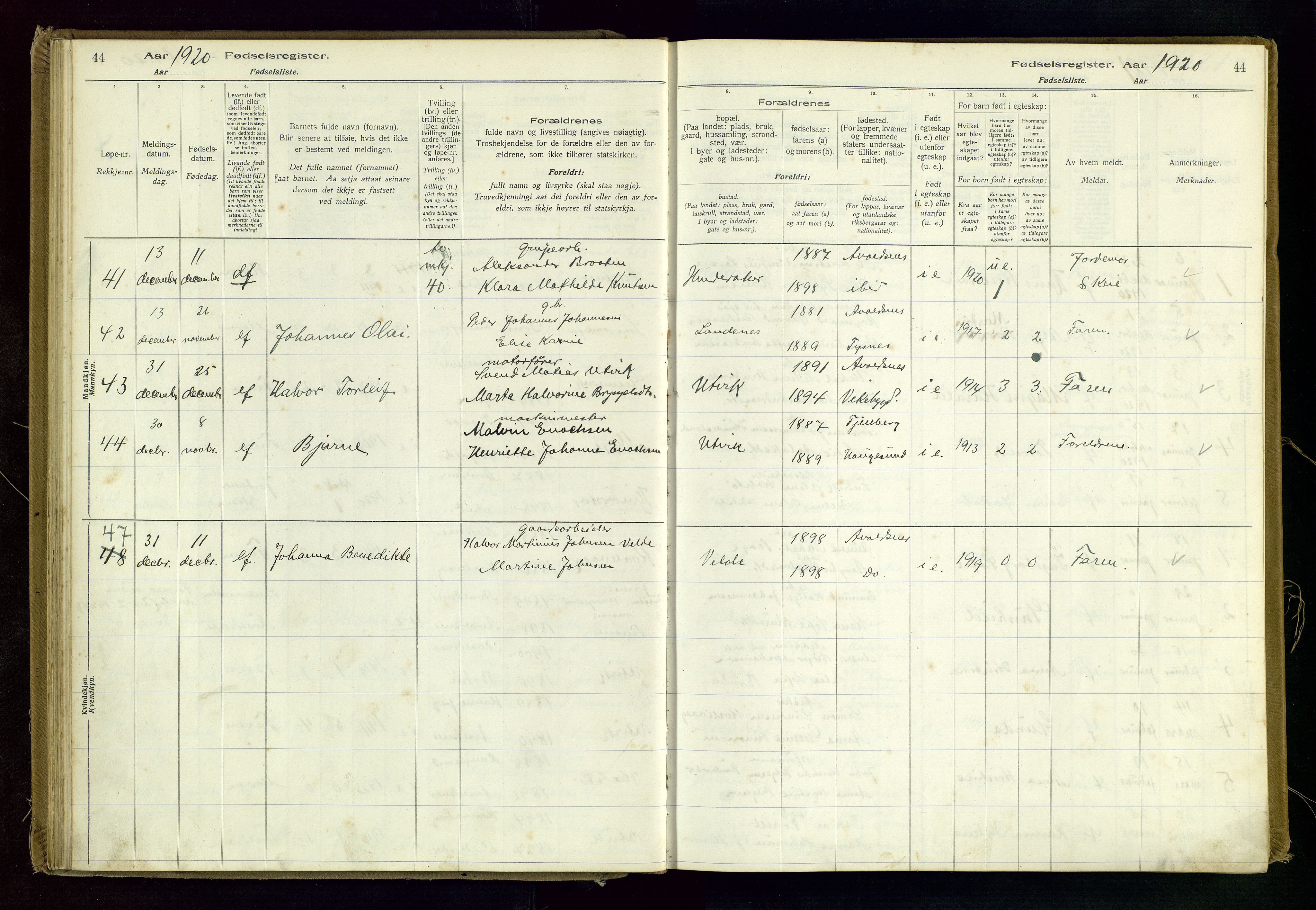 Avaldsnes sokneprestkontor, SAST/A -101851/I/Id/L0001: Birth register no. 1, 1916-1946, p. 44