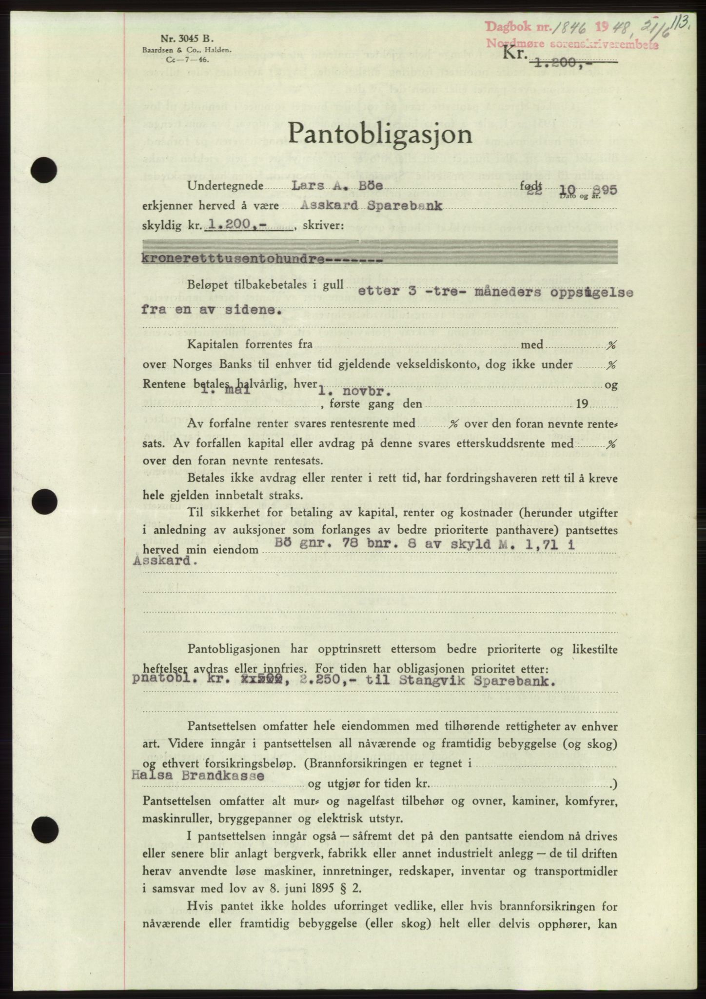 Nordmøre sorenskriveri, AV/SAT-A-4132/1/2/2Ca: Mortgage book no. B99, 1948-1948, Diary no: : 1846/1948