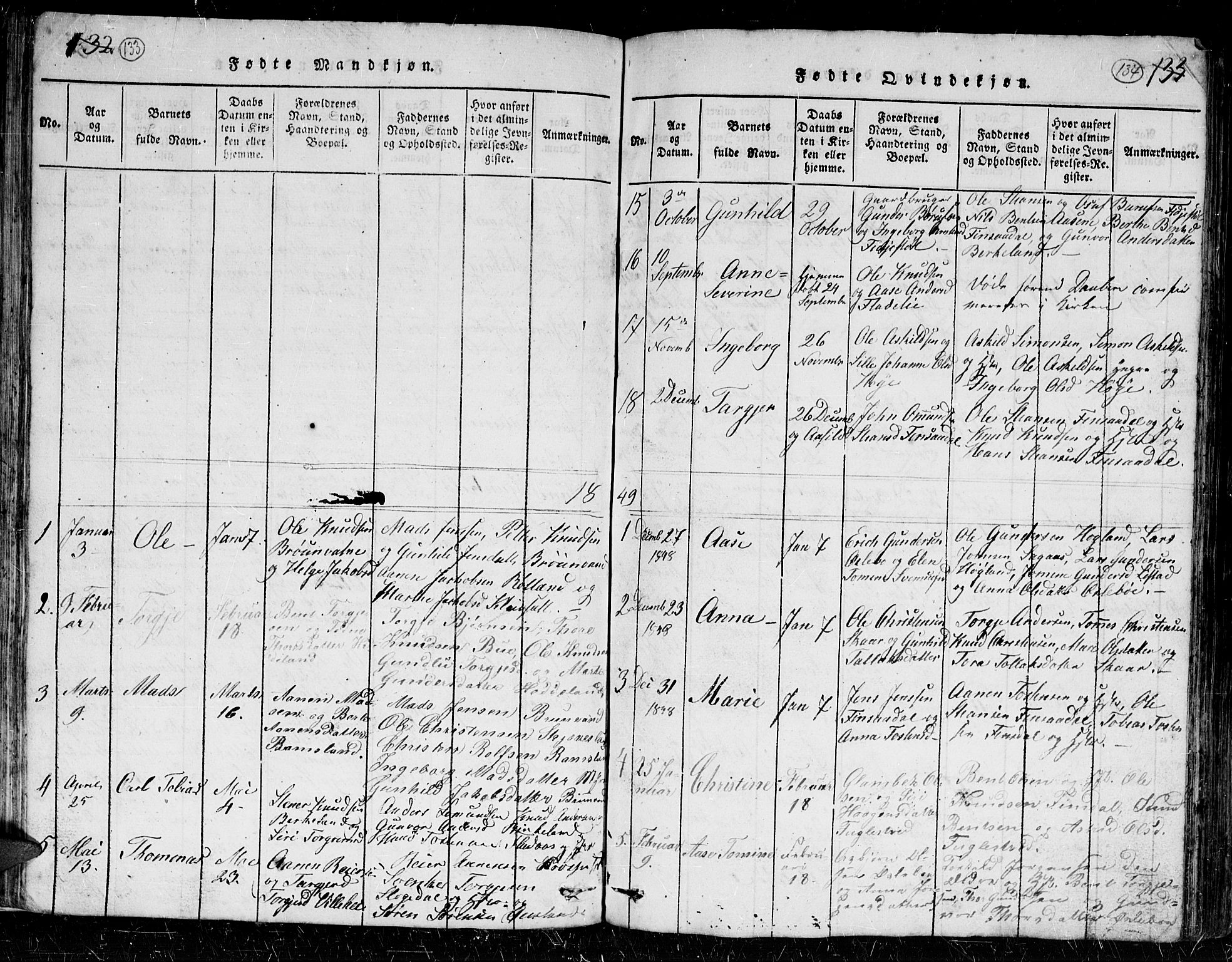 Holum sokneprestkontor, AV/SAK-1111-0022/F/Fb/Fbc/L0001: Parish register (copy) no. B 1, 1820-1859, p. 133-134