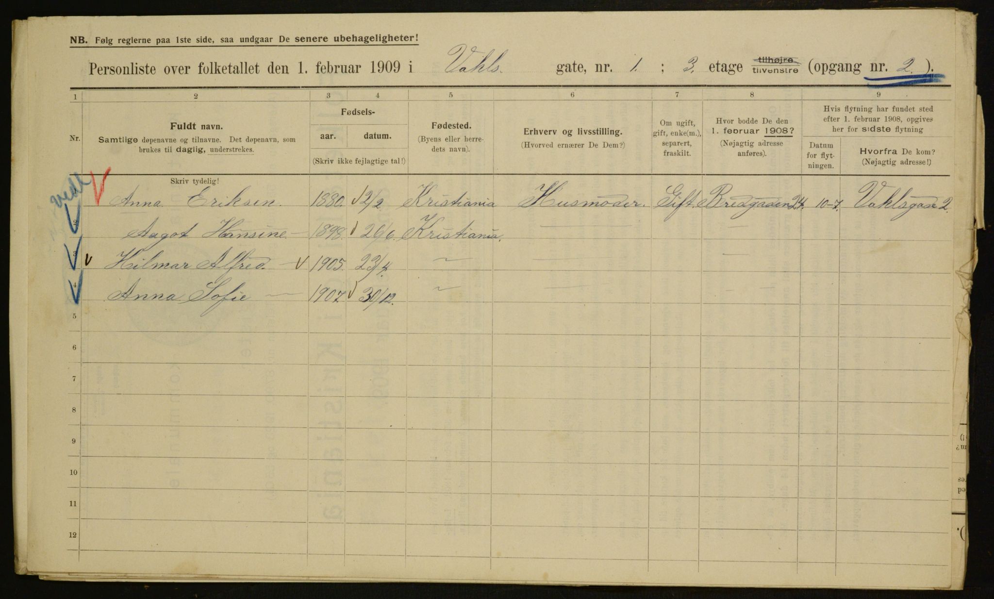 OBA, Municipal Census 1909 for Kristiania, 1909, p. 110145