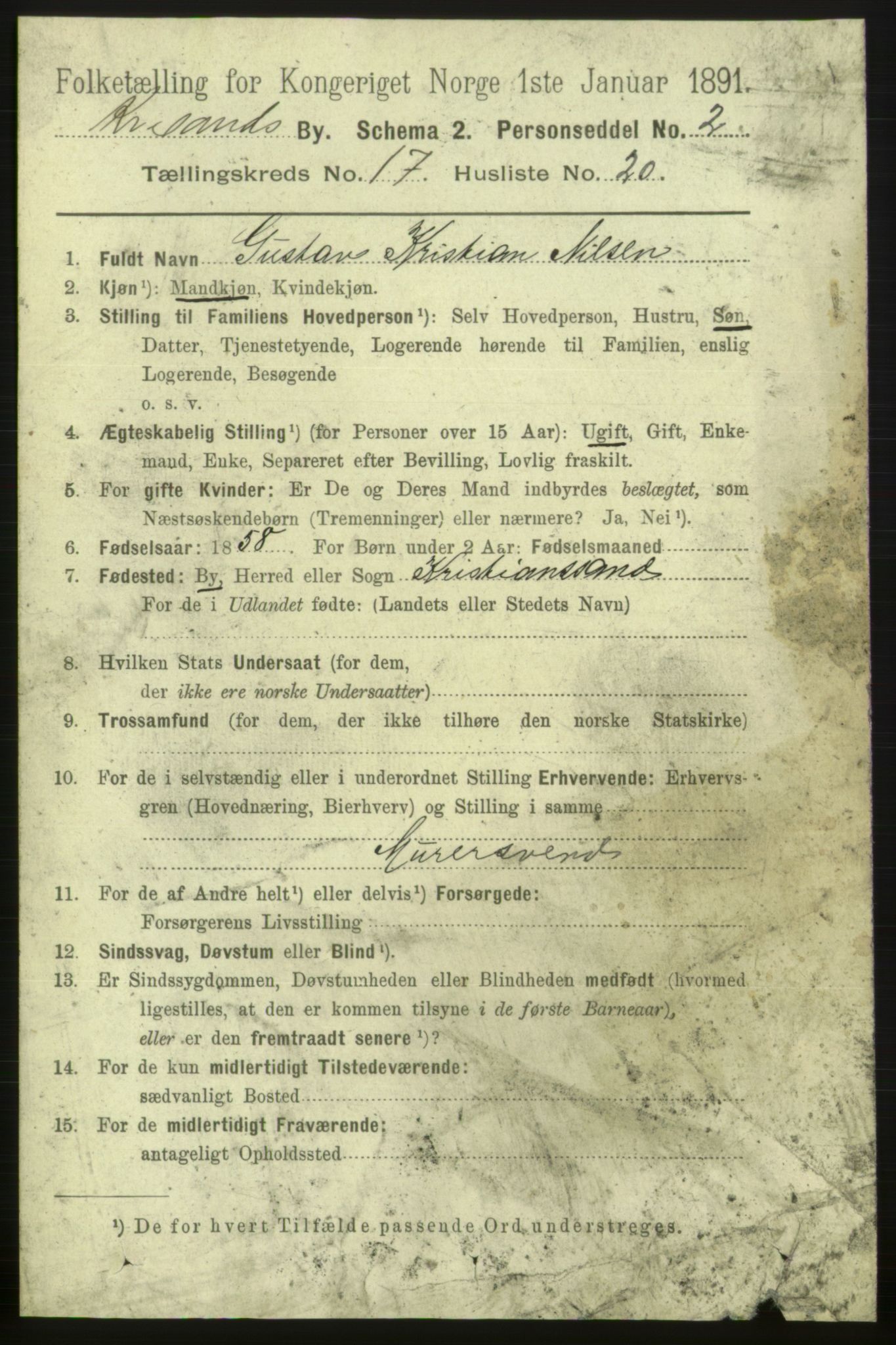 RA, 1891 census for 1001 Kristiansand, 1891, p. 6900