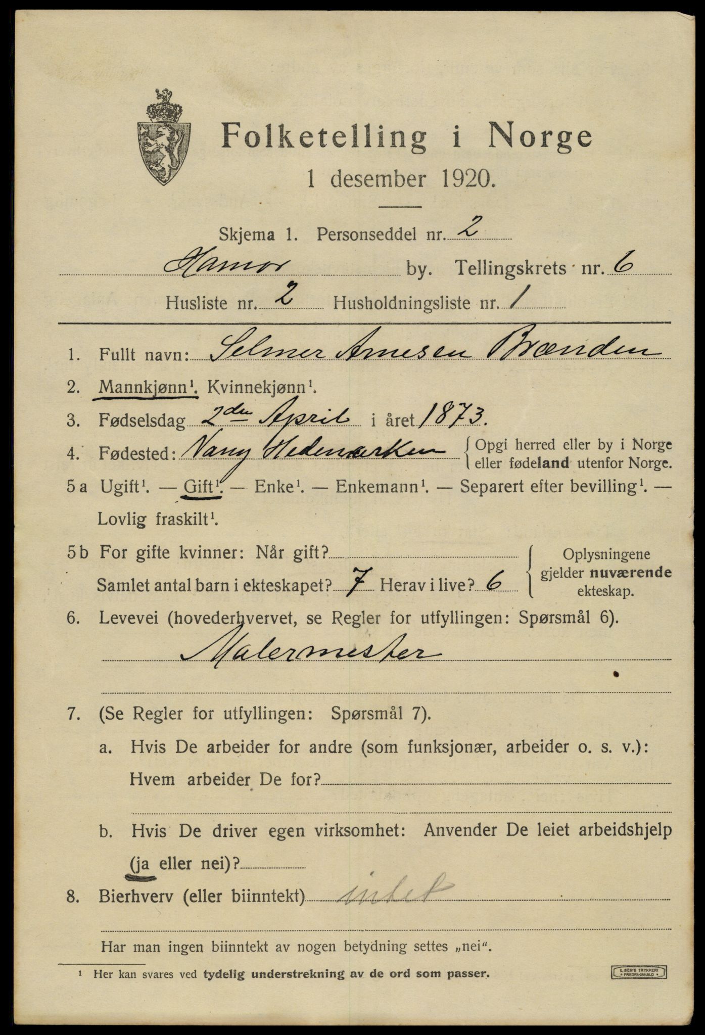 SAH, 1920 census for Hamar, 1920, p. 10973