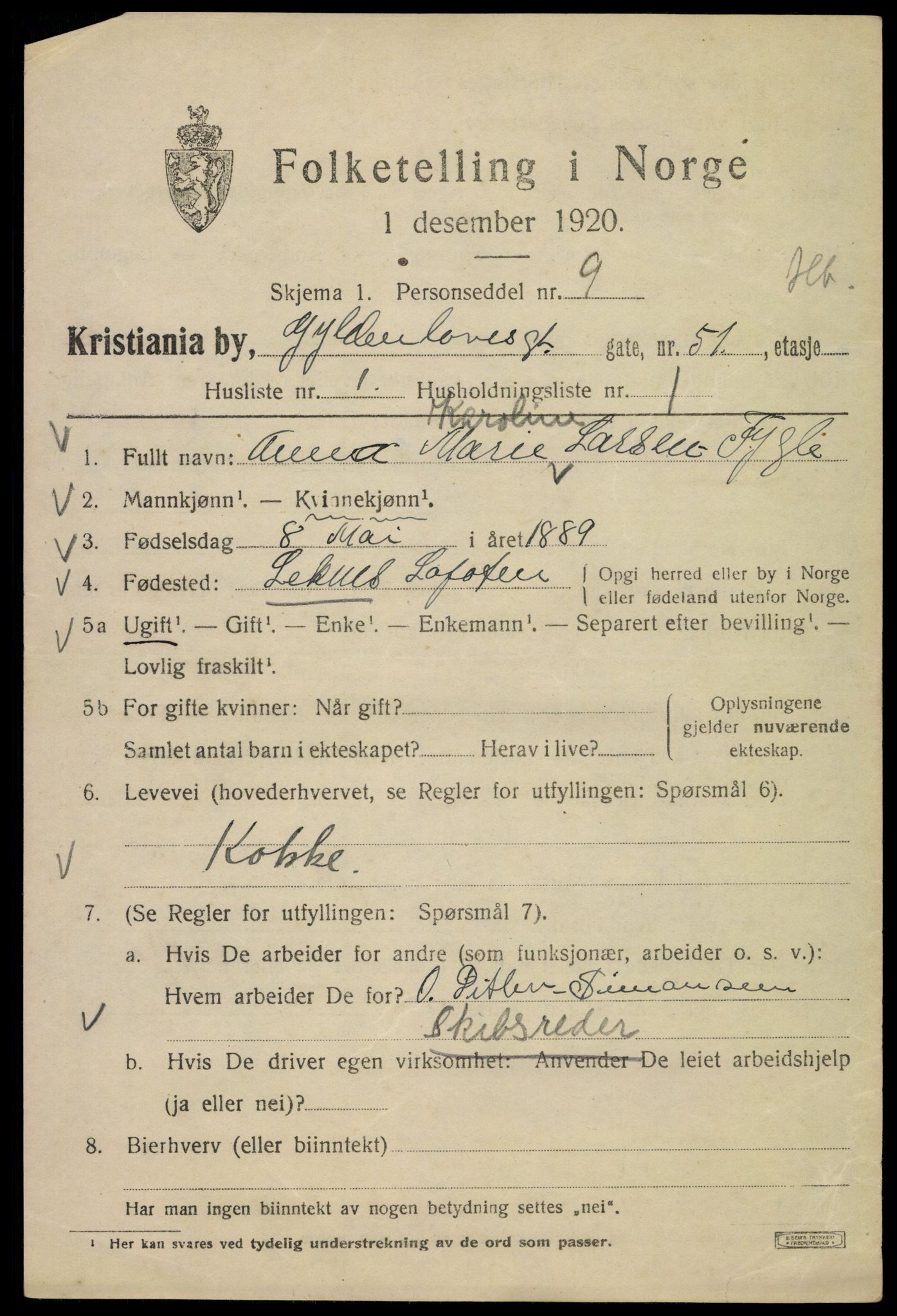 SAO, 1920 census for Kristiania, 1920, p. 262463