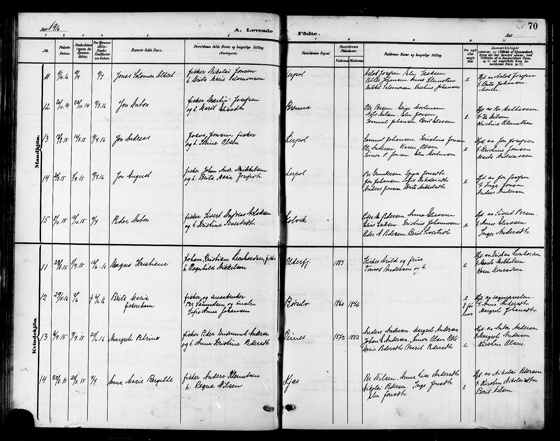 Kistrand/Porsanger sokneprestembete, AV/SATØ-S-1351/H/Hb/L0006.klokk: Parish register (copy) no. 6, 1905-1917, p. 70