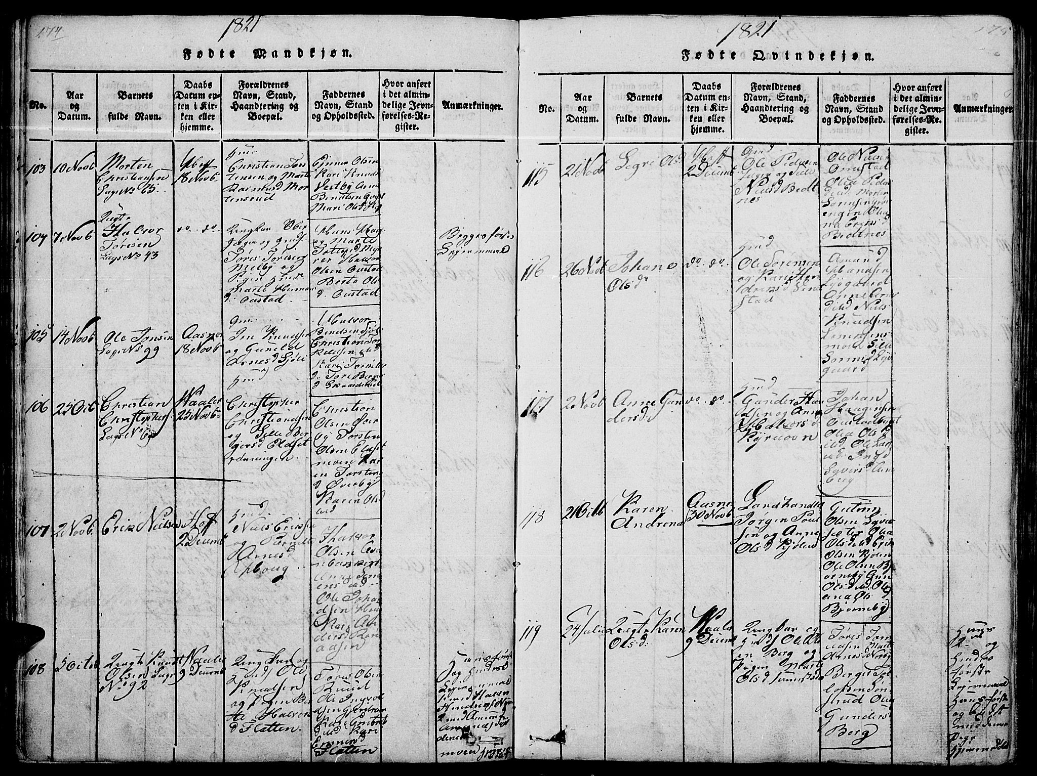 Hof prestekontor, SAH/PREST-038/H/Ha/Haa/L0005: Parish register (official) no. 5, 1816-1822, p. 174-175