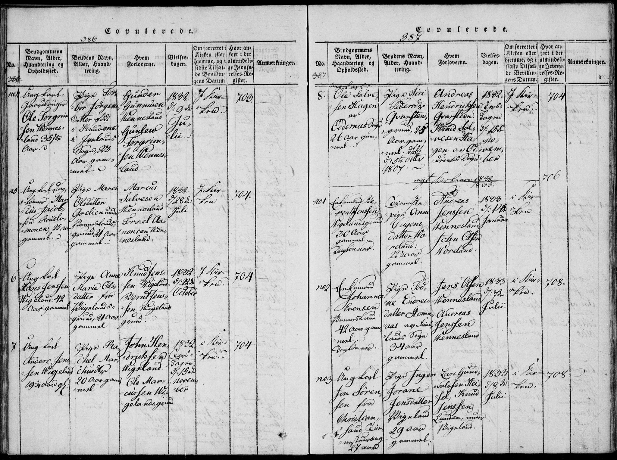 Vennesla sokneprestkontor, AV/SAK-1111-0045/Fa/Fab/L0003: Parish register (official) no. A 3, 1820-1834, p. 386-387