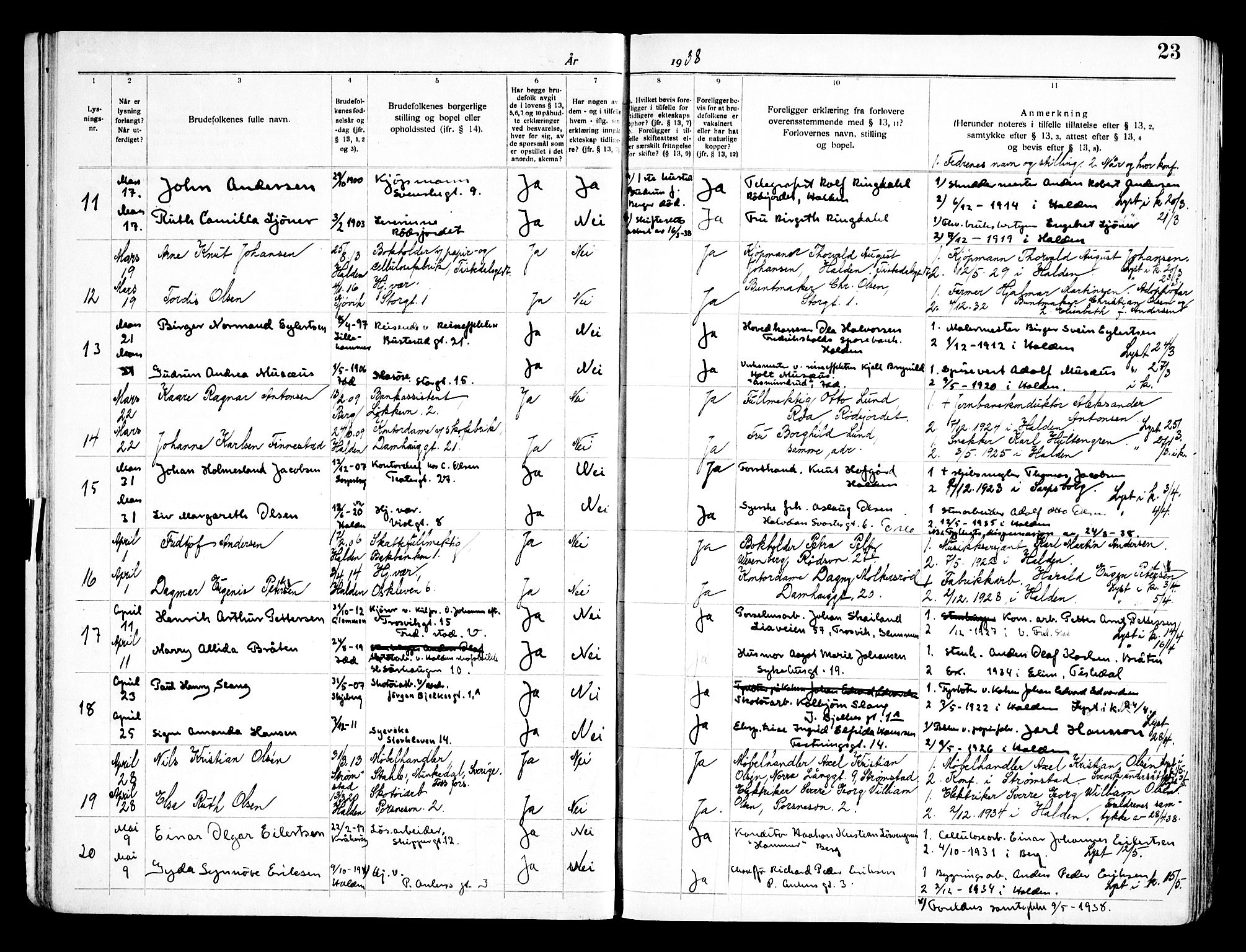 Halden prestekontor Kirkebøker, SAO/A-10909/H/Ha/L0002: Banns register no. I 2, 1935-1949, p. 23