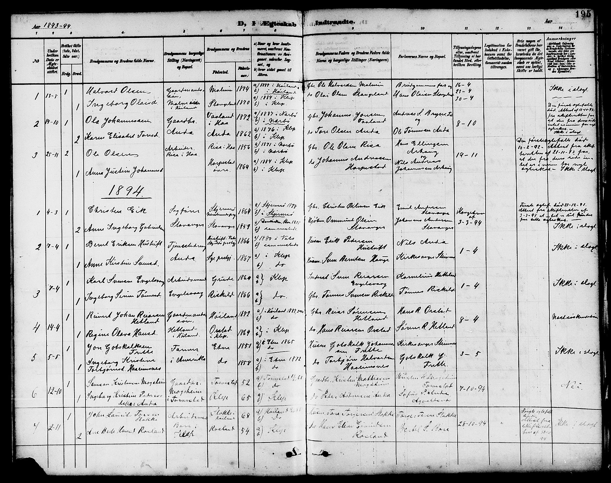 Klepp sokneprestkontor, SAST/A-101803/001/3/30BB/L0004: Parish register (copy) no. B 4, 1889-1914, p. 195