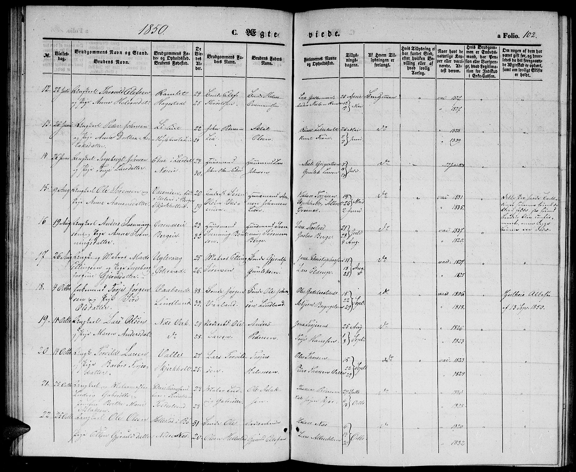 Holt sokneprestkontor, AV/SAK-1111-0021/F/Fb/L0007: Parish register (copy) no. B 7, 1849-1858, p. 102