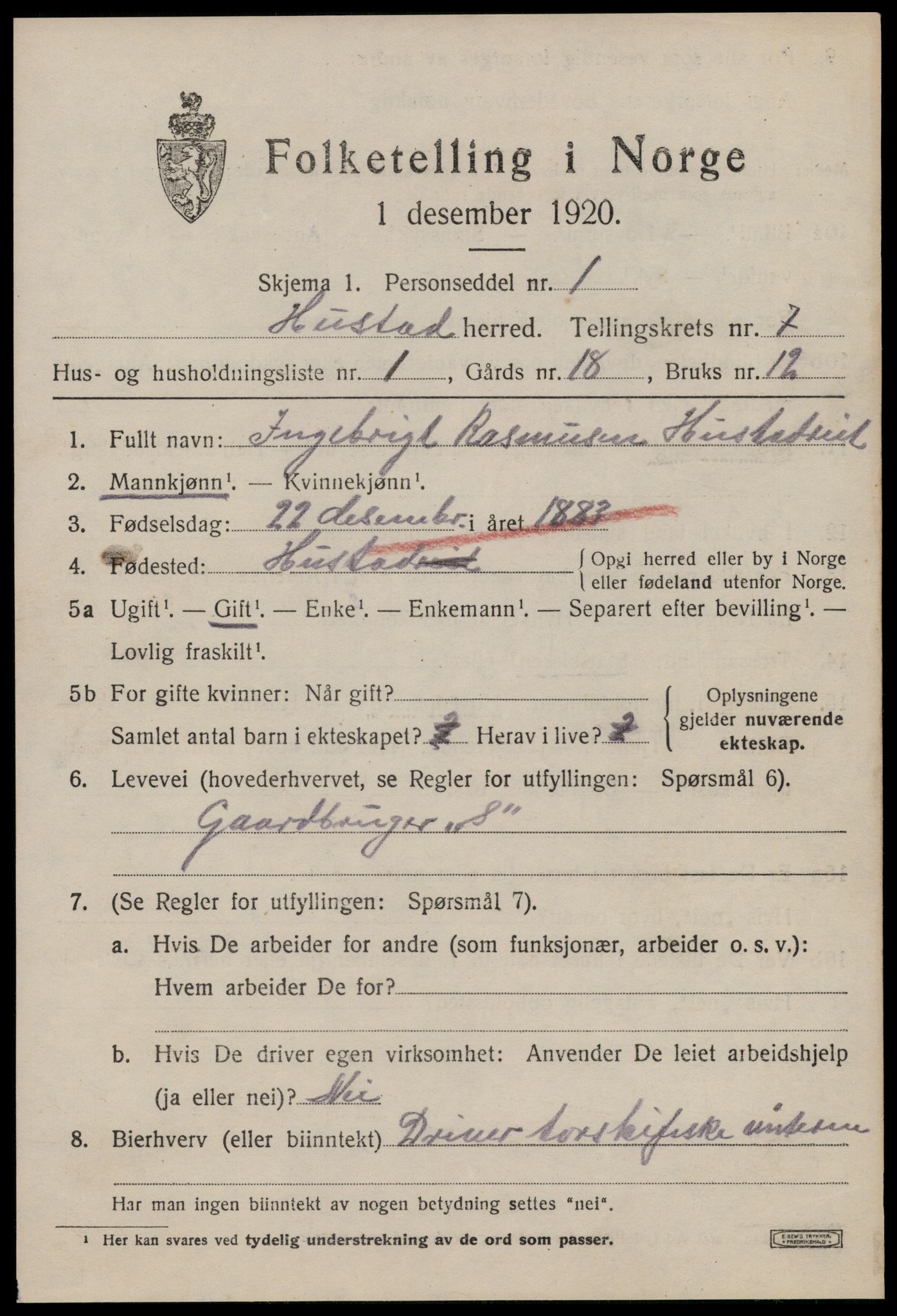 SAT, 1920 census for Hustad, 1920, p. 4667