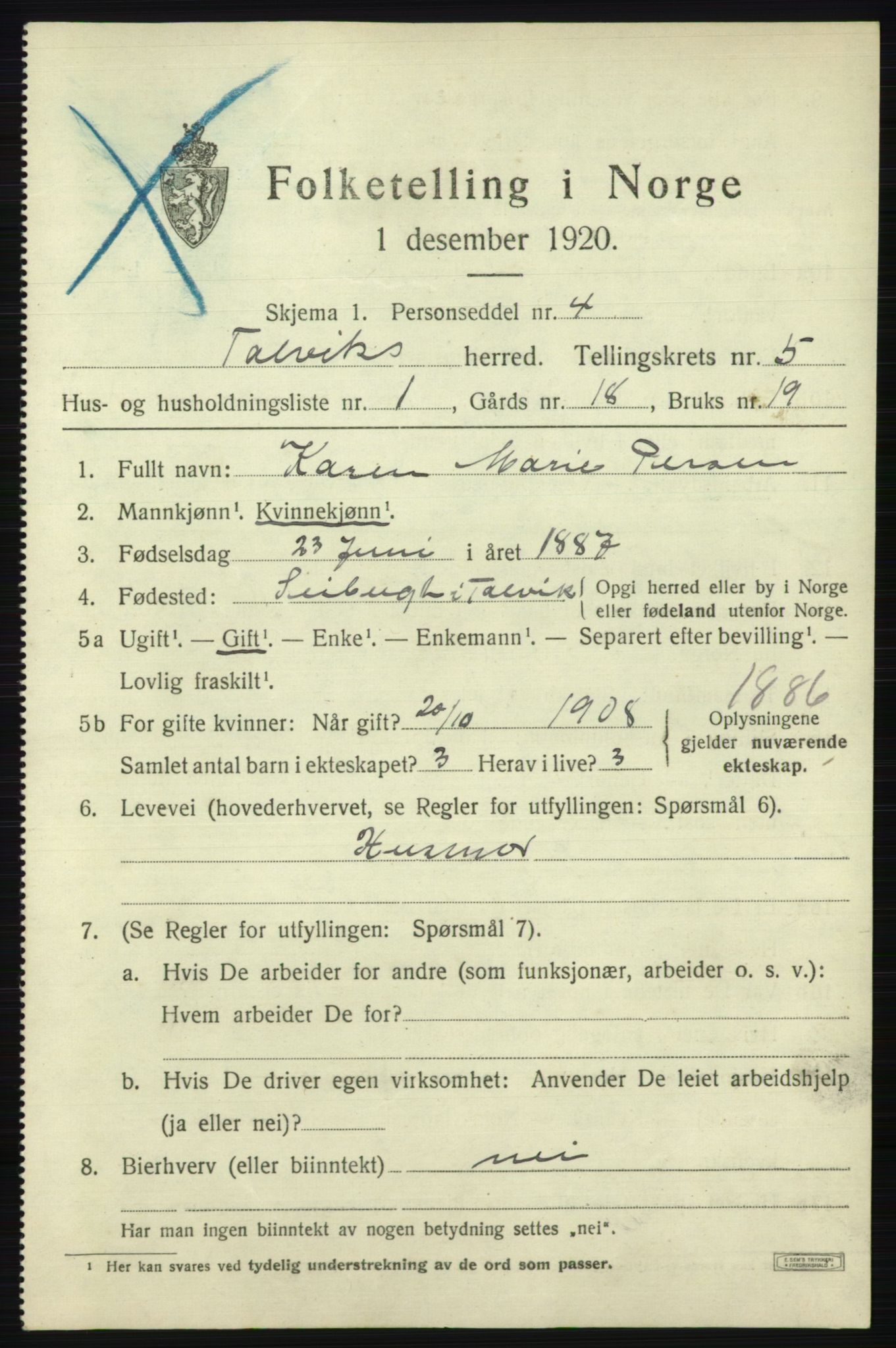 SATØ, 1920 census for Talvik, 1920, p. 3452