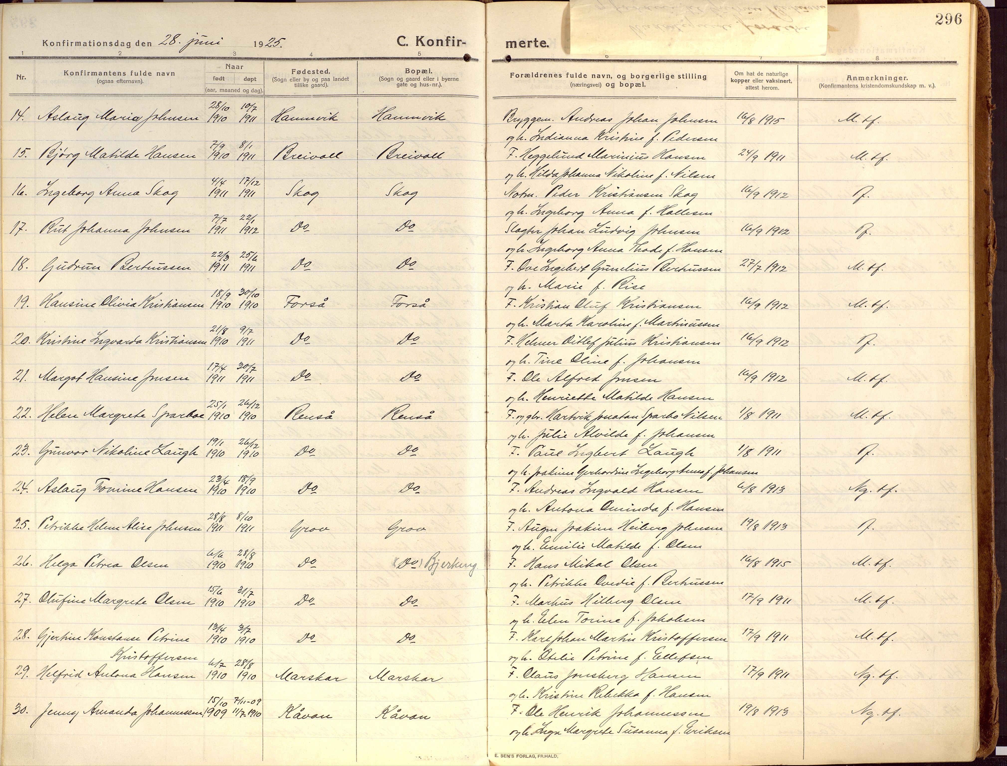 Ibestad sokneprestembete, AV/SATØ-S-0077/H/Ha/Haa/L0018kirke: Parish register (official) no. 18, 1915-1929, p. 296