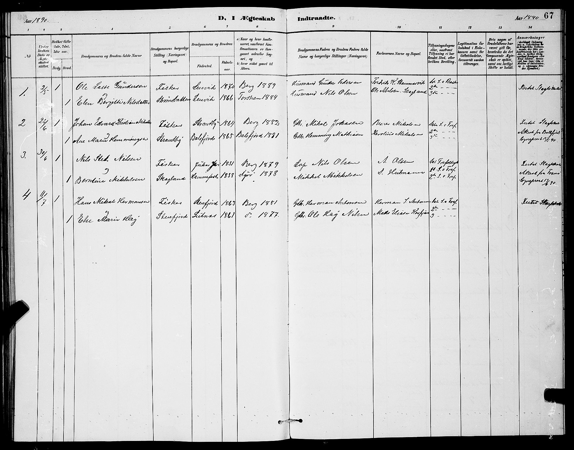 Berg sokneprestkontor, AV/SATØ-S-1318/G/Ga/Gab/L0004klokker: Parish register (copy) no. 4, 1887-1897, p. 67