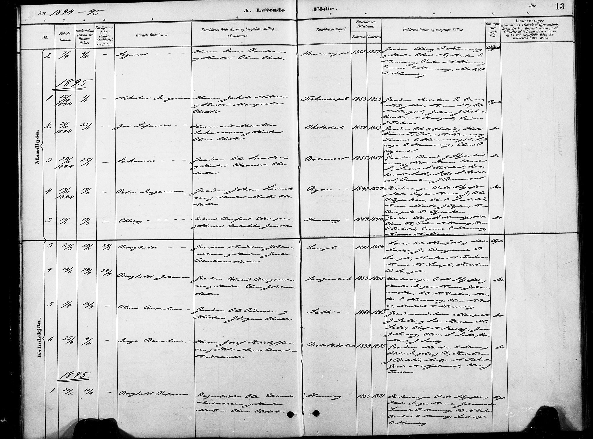 Ministerialprotokoller, klokkerbøker og fødselsregistre - Nord-Trøndelag, AV/SAT-A-1458/738/L0364: Parish register (official) no. 738A01, 1884-1902, p. 13