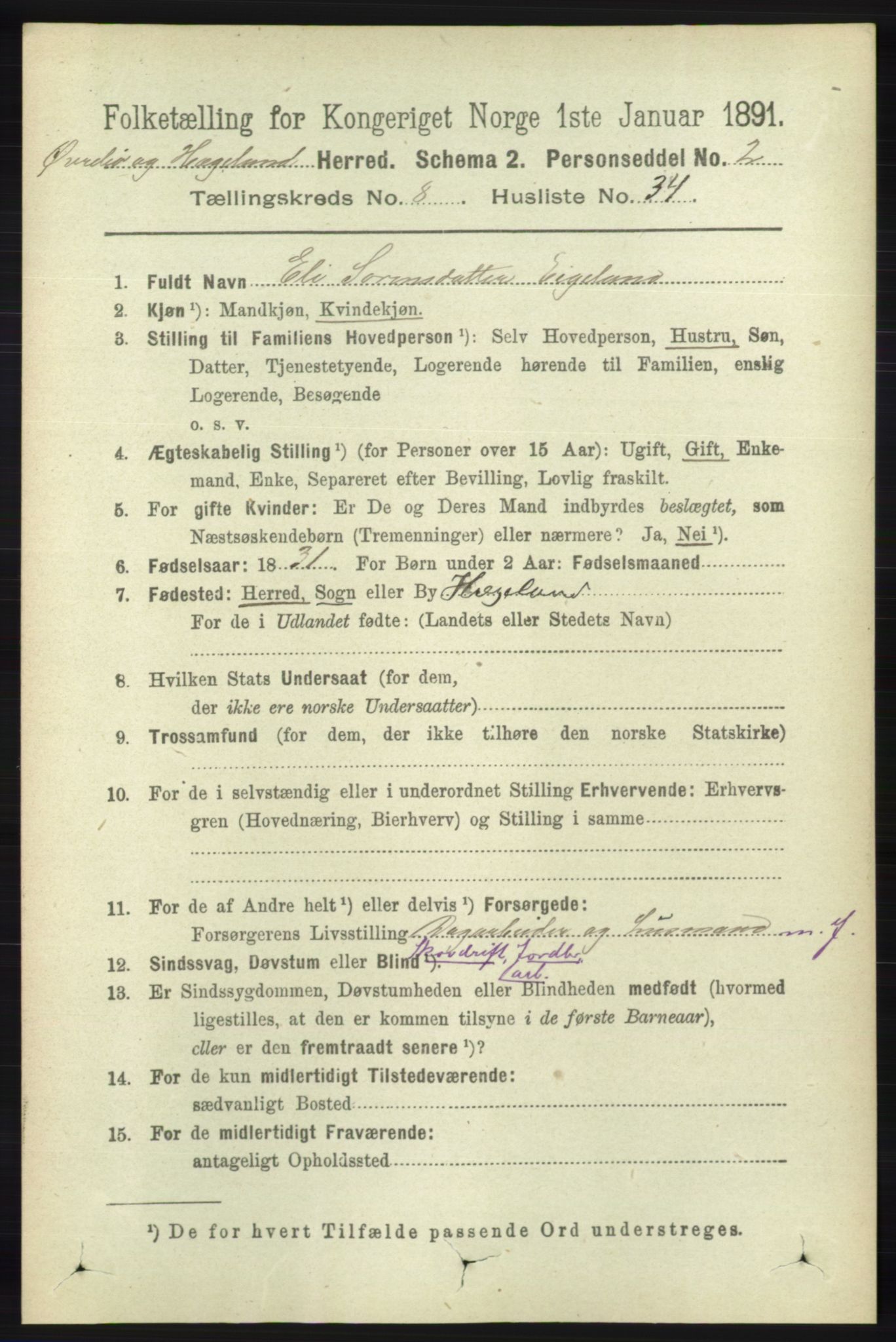 RA, 1891 census for 1016 Øvrebø og Hægeland, 1891, p. 1659