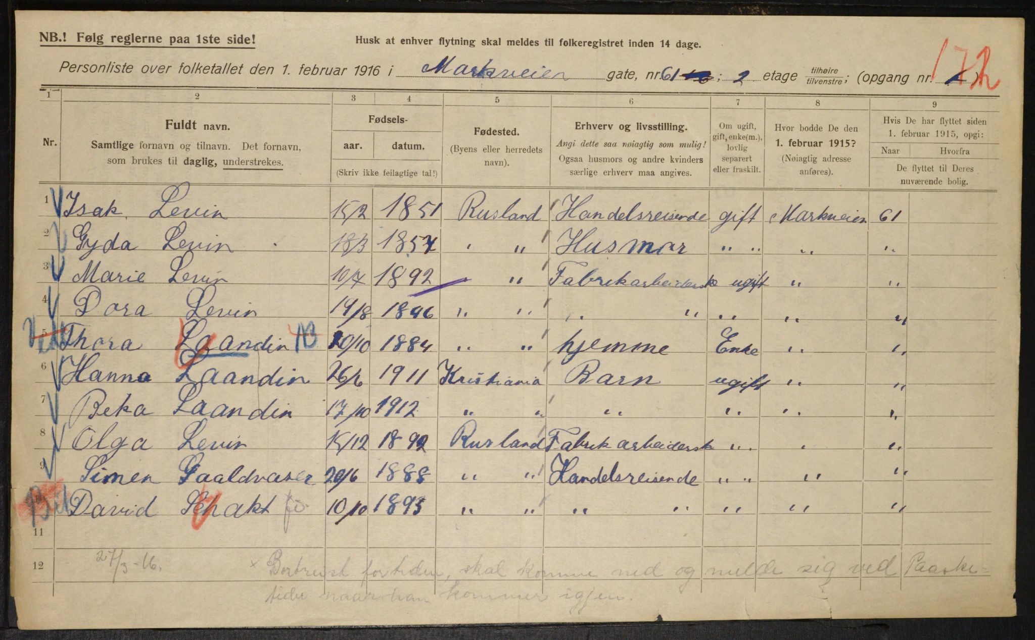 OBA, Municipal Census 1916 for Kristiania, 1916, p. 66100