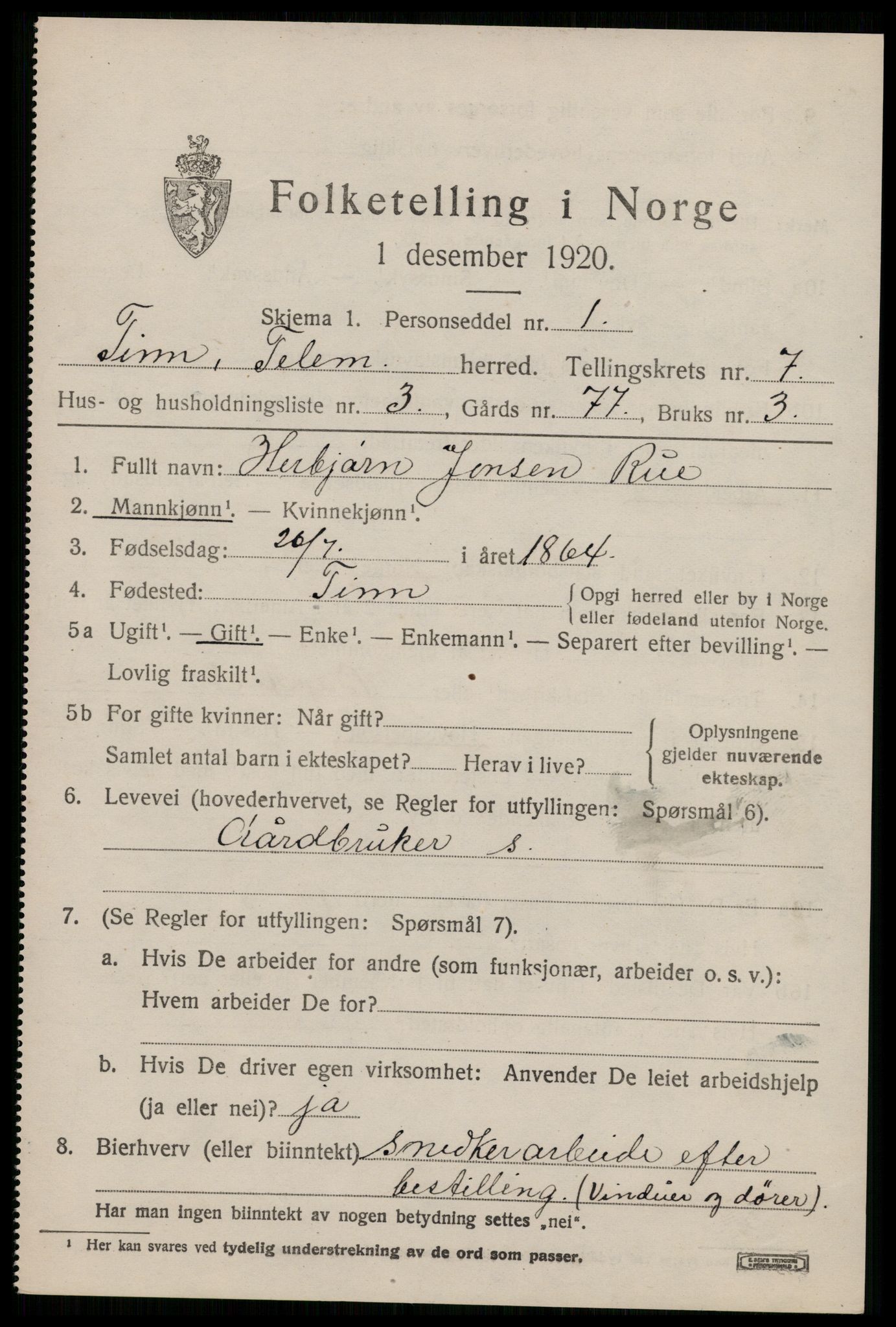 SAKO, 1920 census for Tinn, 1920, p. 4874