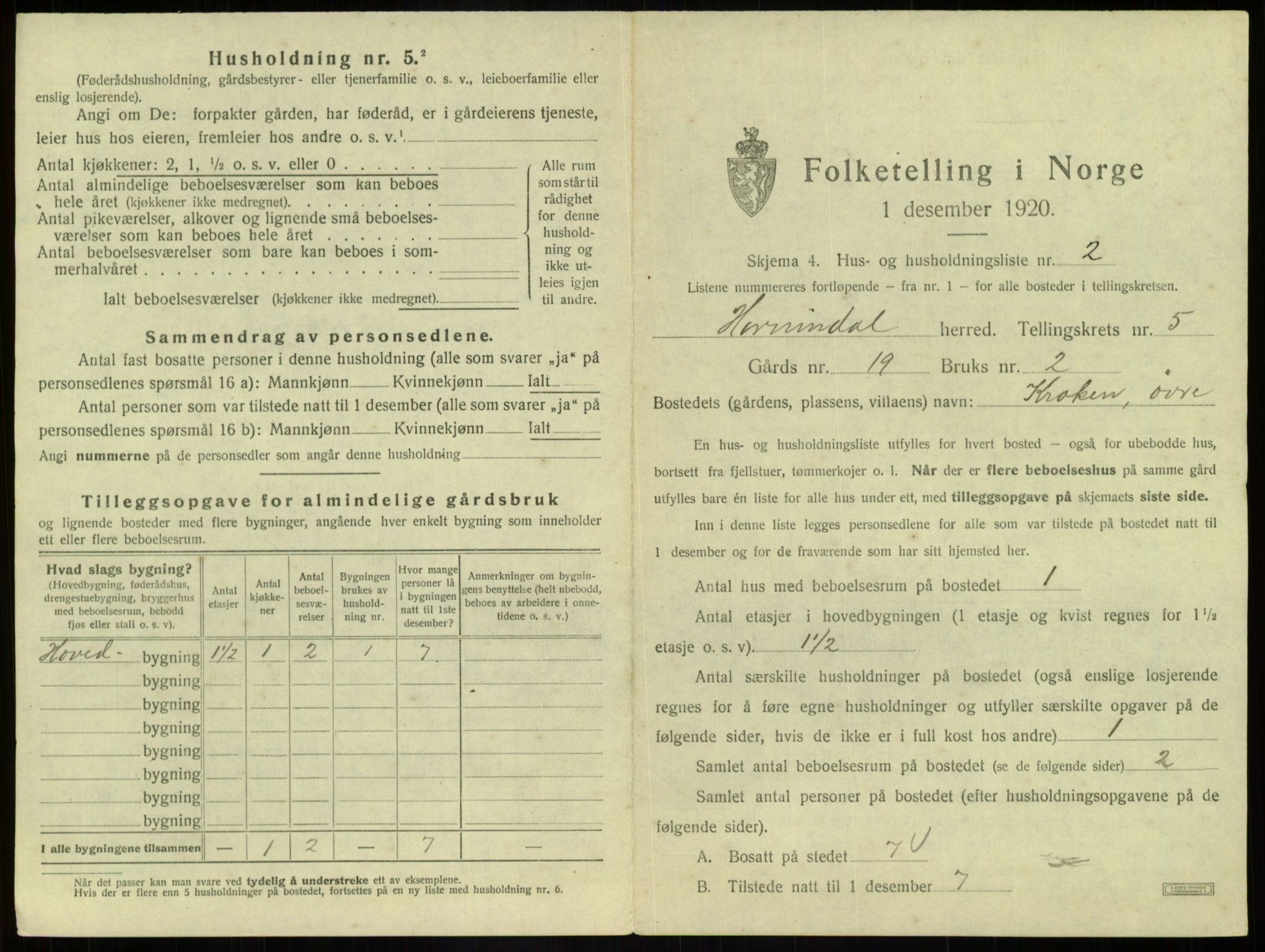 SAB, 1920 census for Hornindal, 1920, p. 309