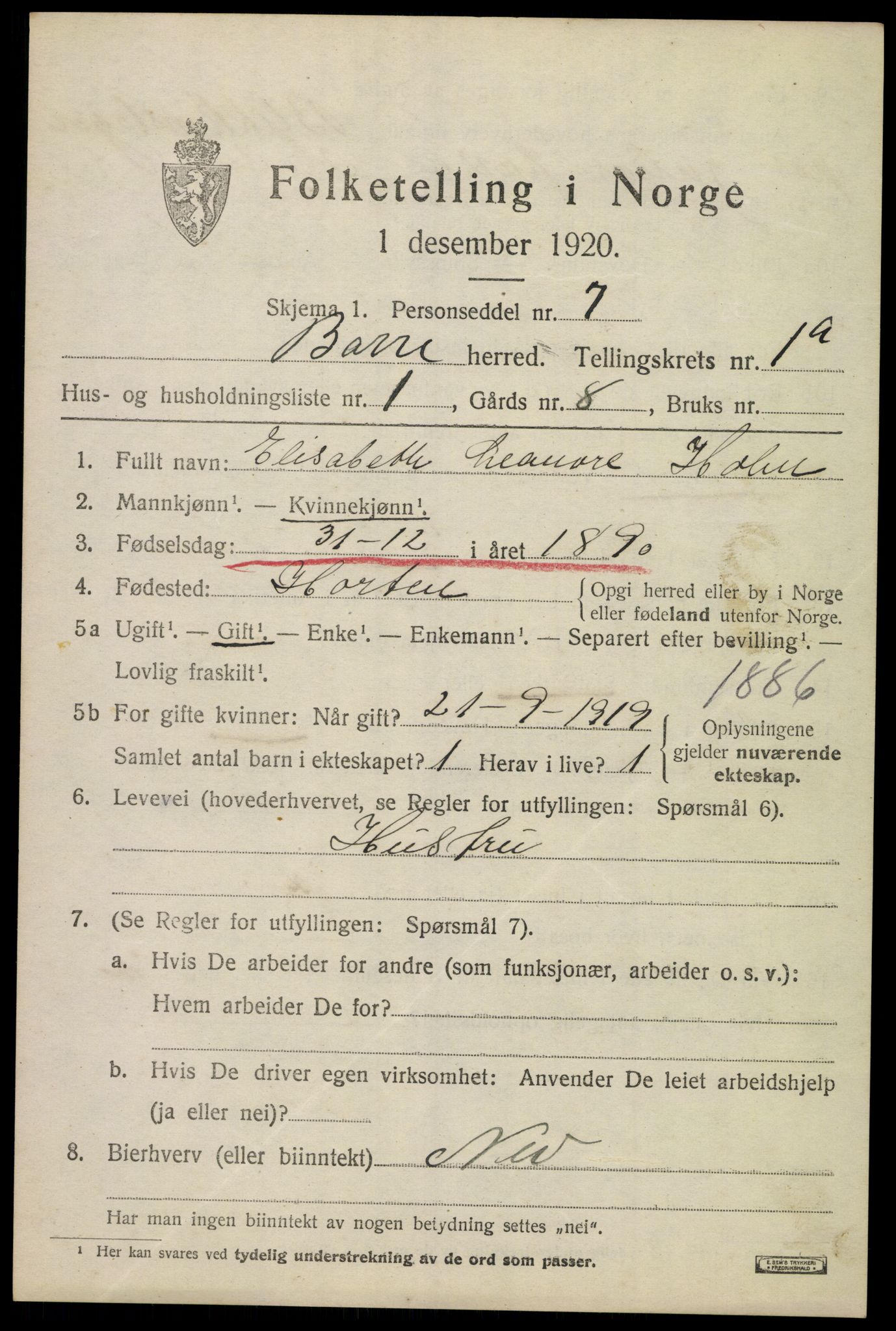 SAKO, 1920 census for Borre, 1920, p. 1390