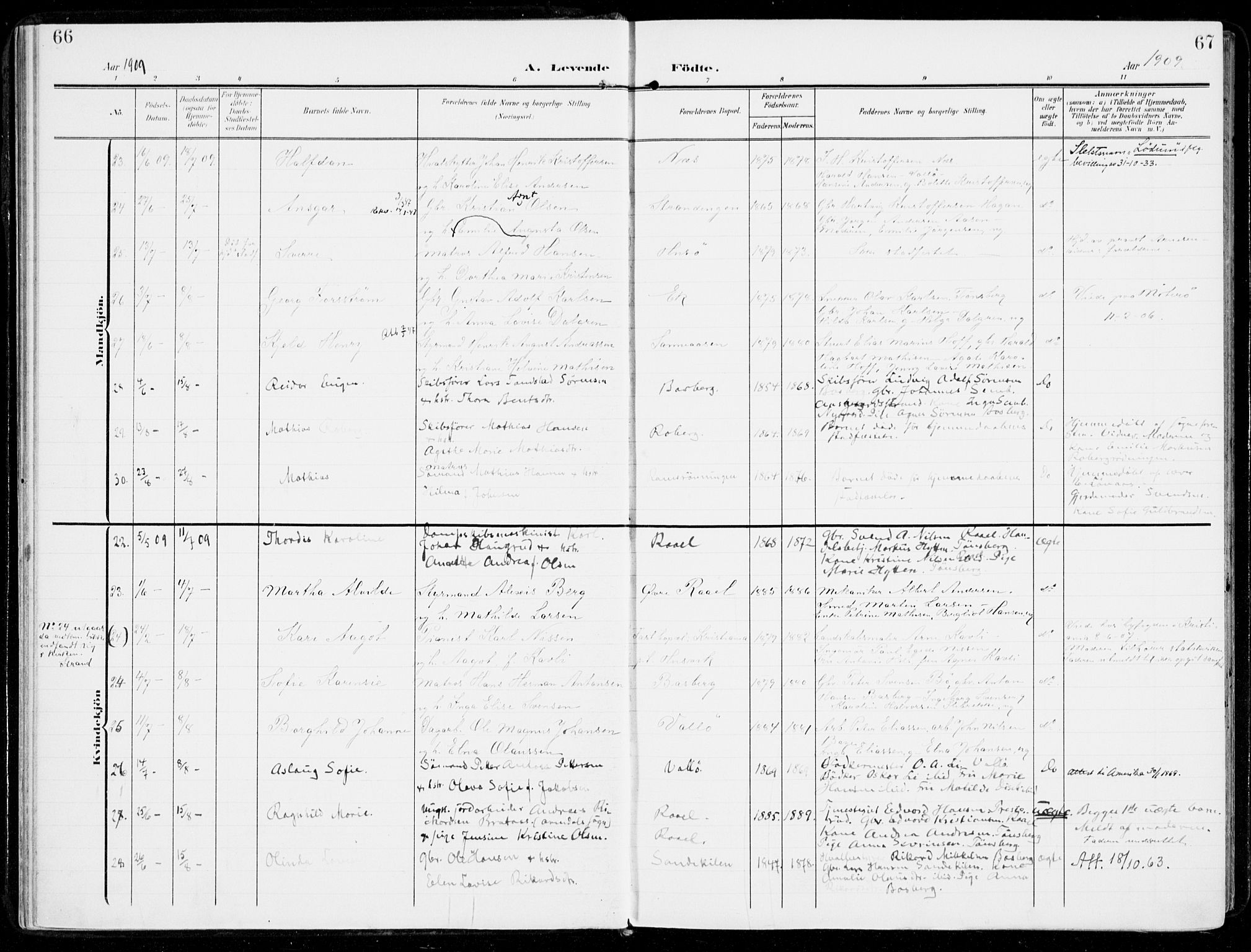 Sem kirkebøker, AV/SAKO-A-5/F/Fb/L0006: Parish register (official) no. II 6, 1905-1918, p. 66-67