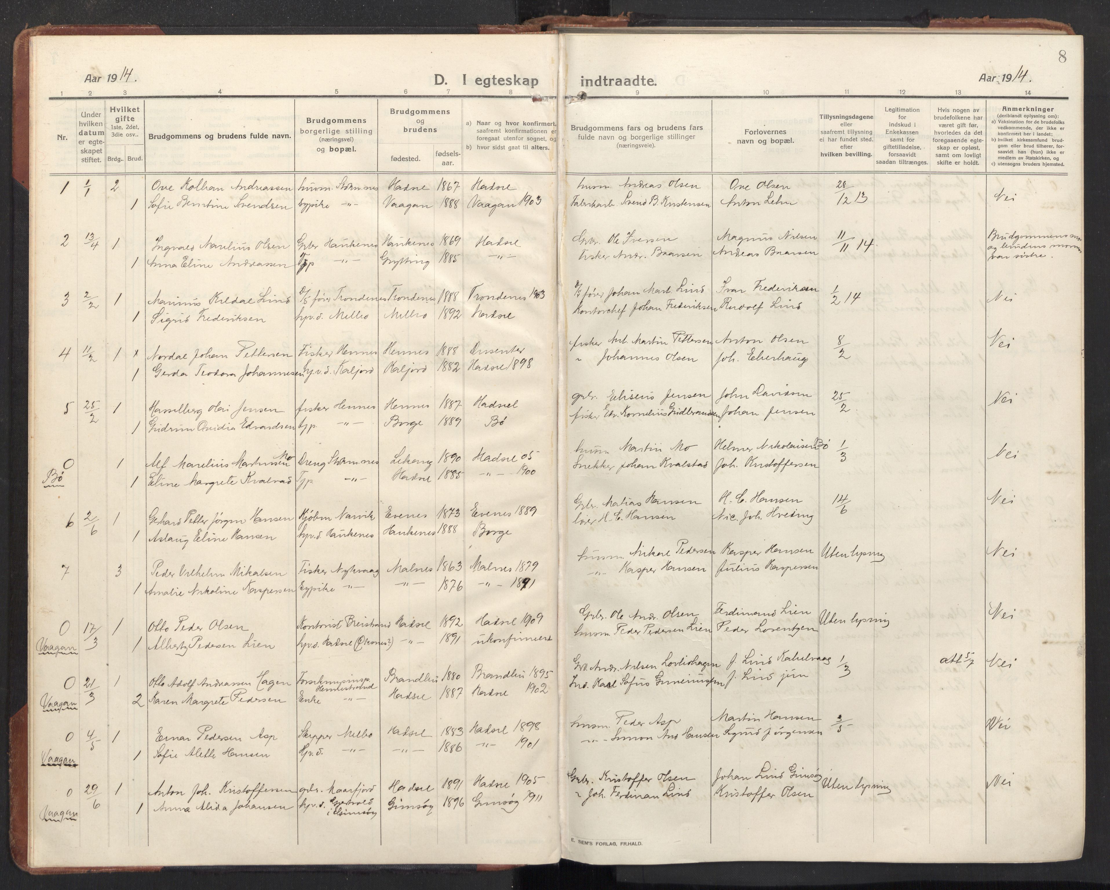 Ministerialprotokoller, klokkerbøker og fødselsregistre - Nordland, AV/SAT-A-1459/888/L1269: Parish register (copy) no. 888C11, 1913-1937, p. 8