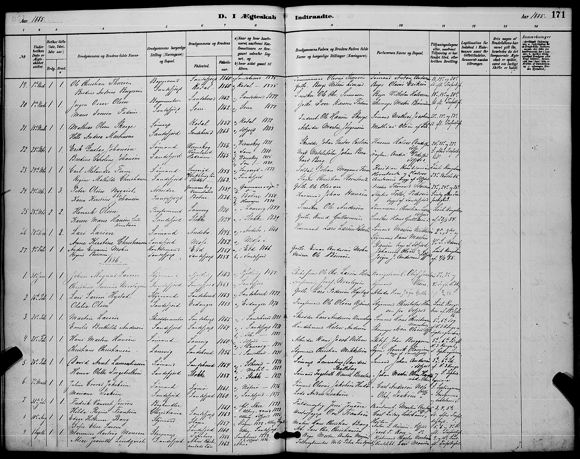 Sandefjord kirkebøker, AV/SAKO-A-315/G/Ga/L0001: Parish register (copy) no. 1, 1885-1903, p. 171
