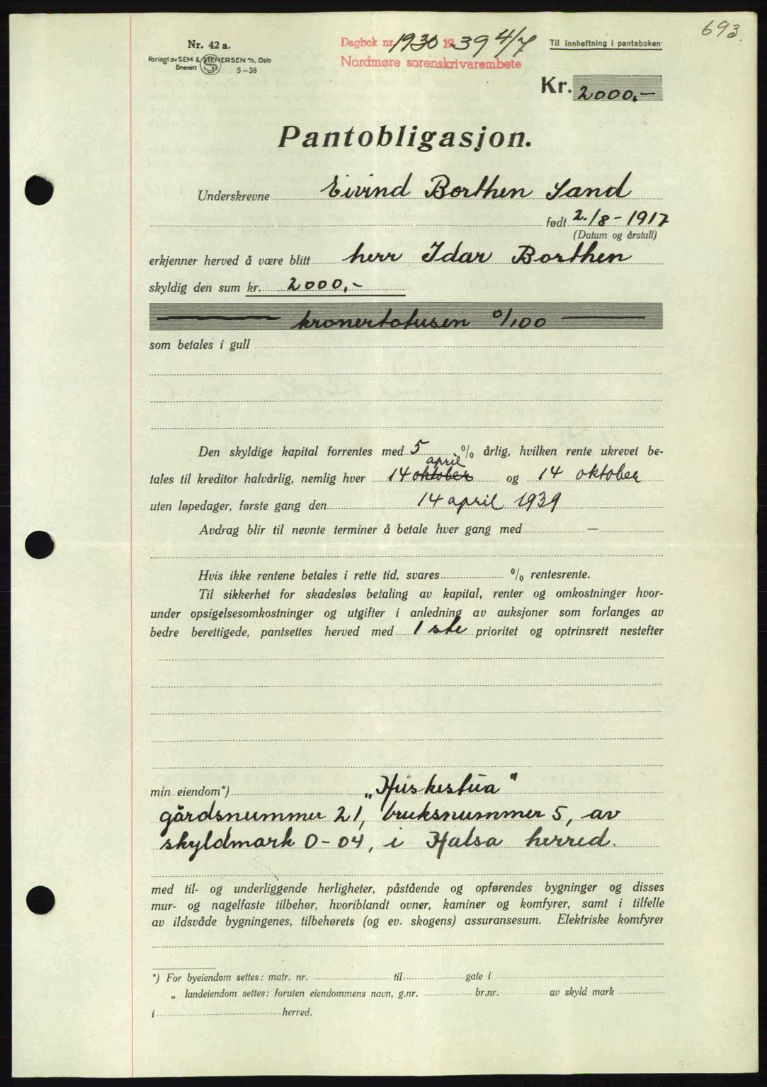 Nordmøre sorenskriveri, AV/SAT-A-4132/1/2/2Ca: Mortgage book no. B85, 1939-1939, Diary no: : 1930/1939