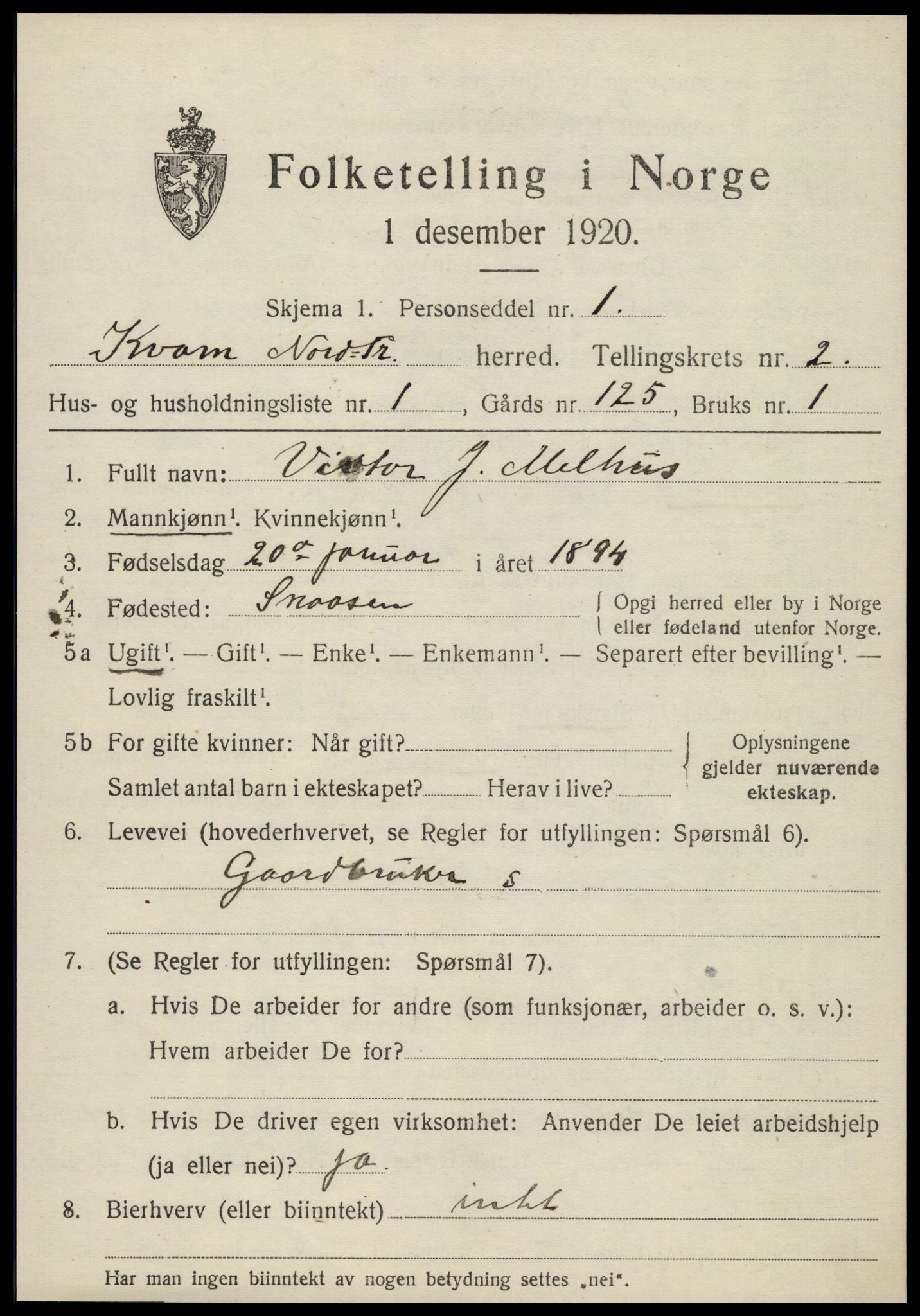 SAT, 1920 census for Kvam, 1920, p. 677