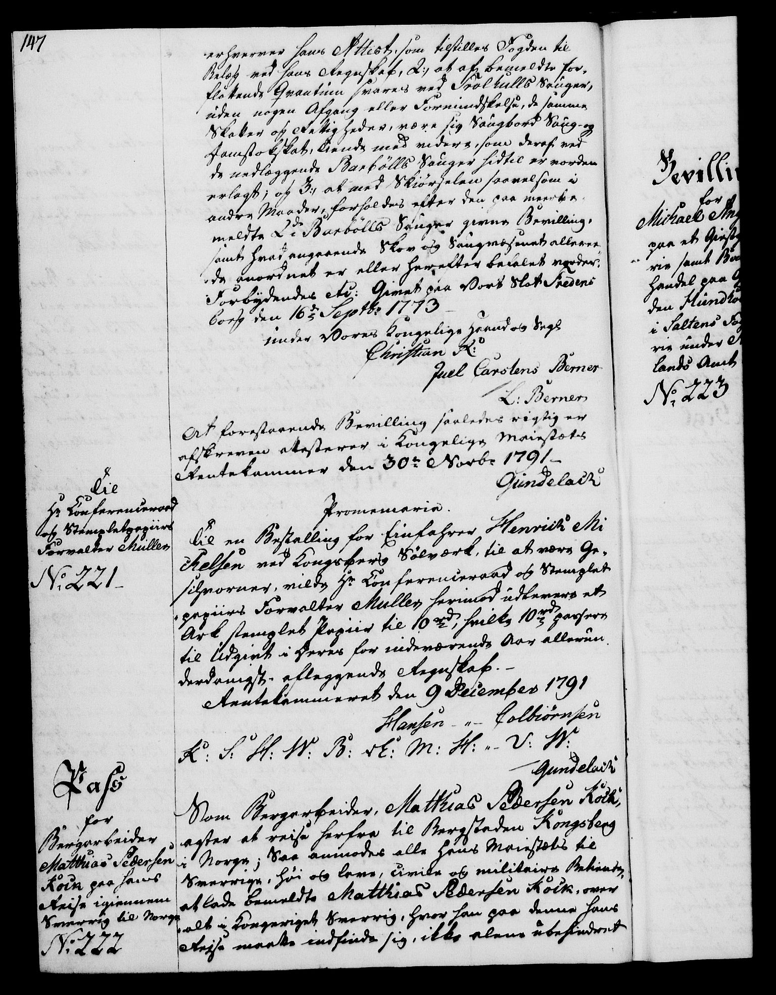 Rentekammeret, Kammerkanselliet, RA/EA-3111/G/Gg/Gga/L0015: Norsk ekspedisjonsprotokoll med register (merket RK 53.15), 1790-1791, p. 147