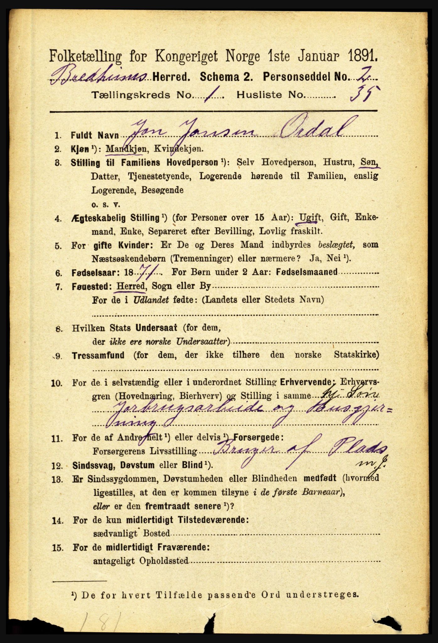 RA, 1891 census for 1446 Breim, 1891, p. 296