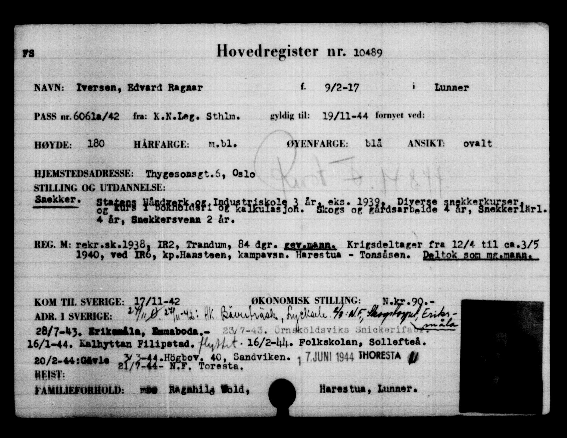 Utenriksstasjonene, Legasjonen i Stockholm, Flyktningkontoret, AV/RA-S-6753/V/Va/L0006: Kjesäterkartoteket, flyktninger med registreringsnr. 9400-12711, 1940-1945, p. 1254