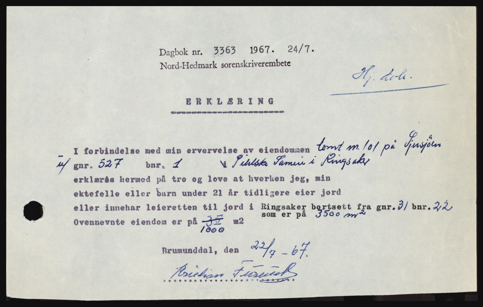Nord-Hedmark sorenskriveri, SAH/TING-012/H/Hc/L0026: Mortgage book no. 26, 1967-1967, Diary no: : 3363/1967