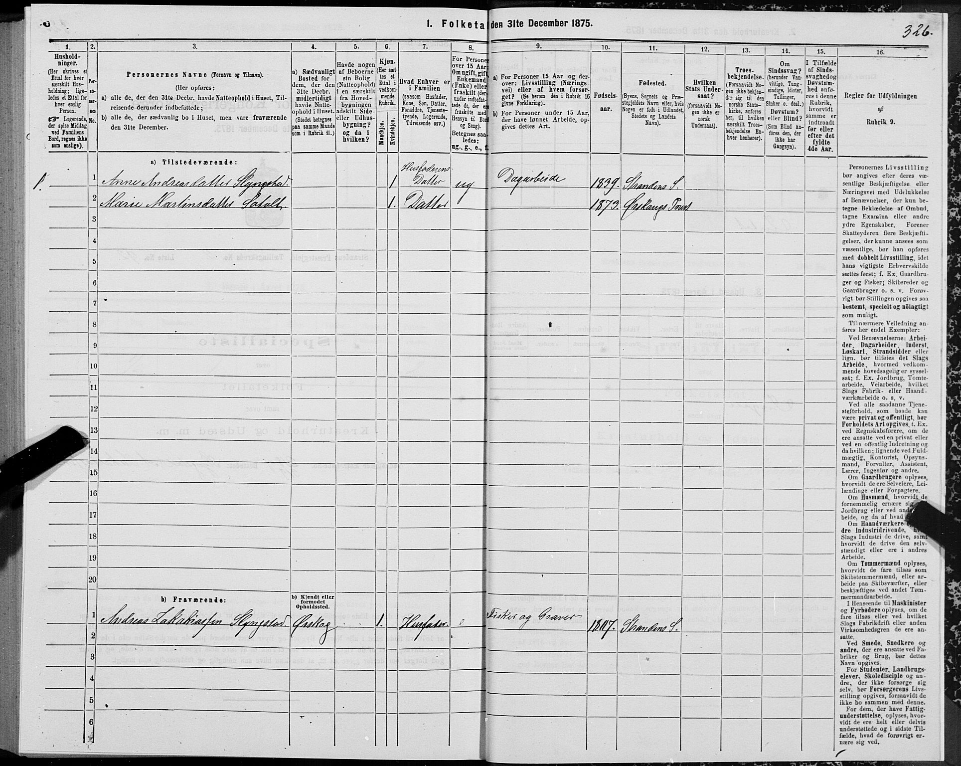SAT, 1875 census for 1525P Stranda, 1875, p. 1326