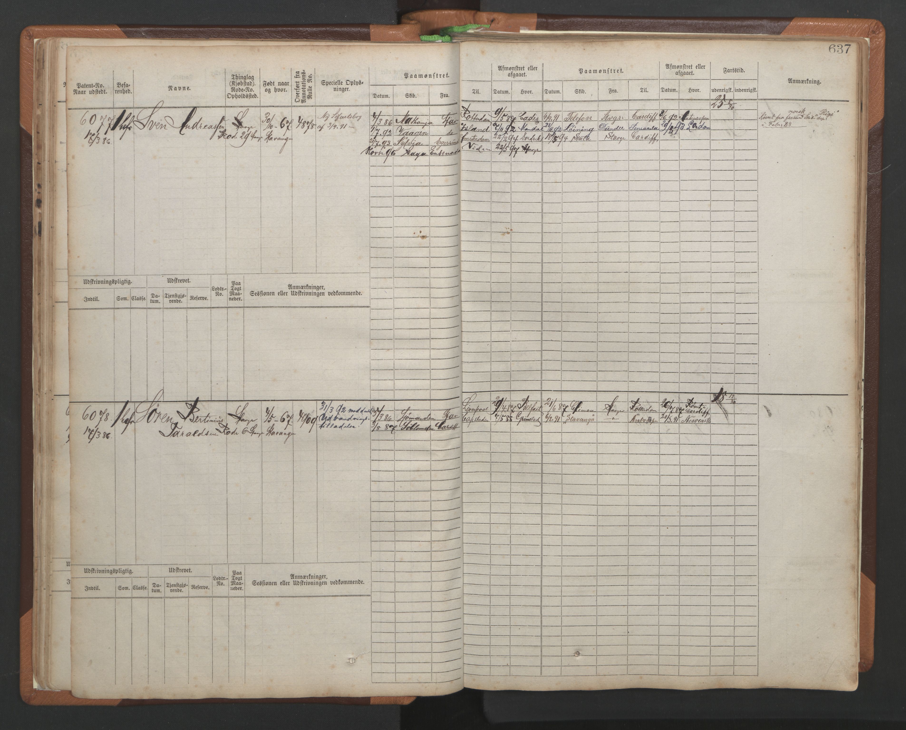 Stavanger sjømannskontor, AV/SAST-A-102006/F/Fb/Fbb/L0010: Sjøfartshovedrulle, patentnr. 6007-6606 (del 1), 1887-1896, p. 41