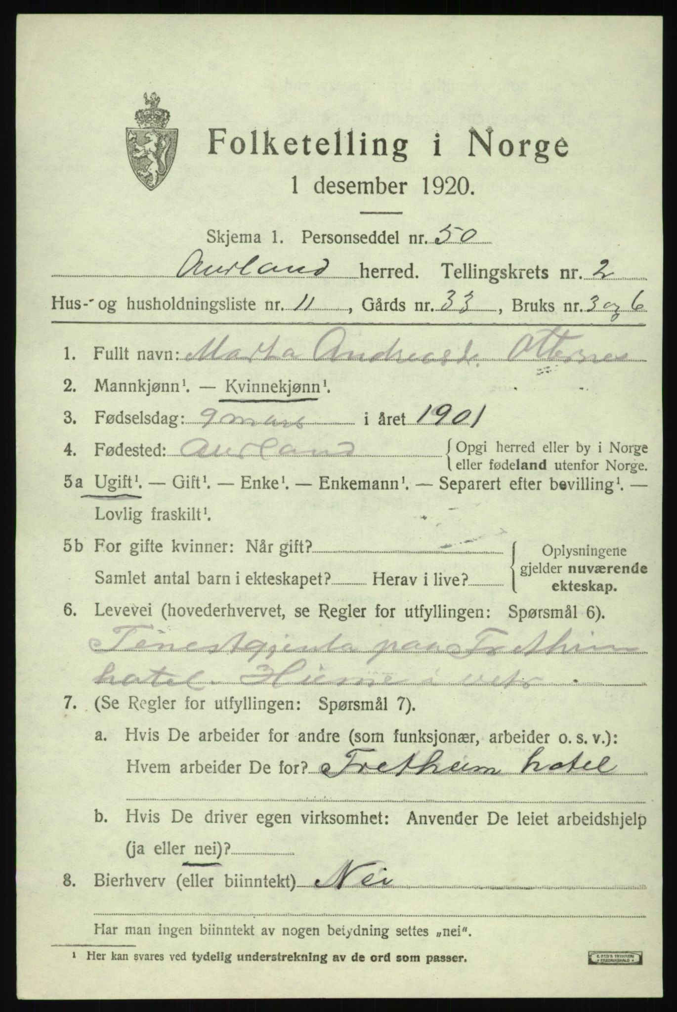 SAB, 1920 census for Aurland, 1920, p. 1928