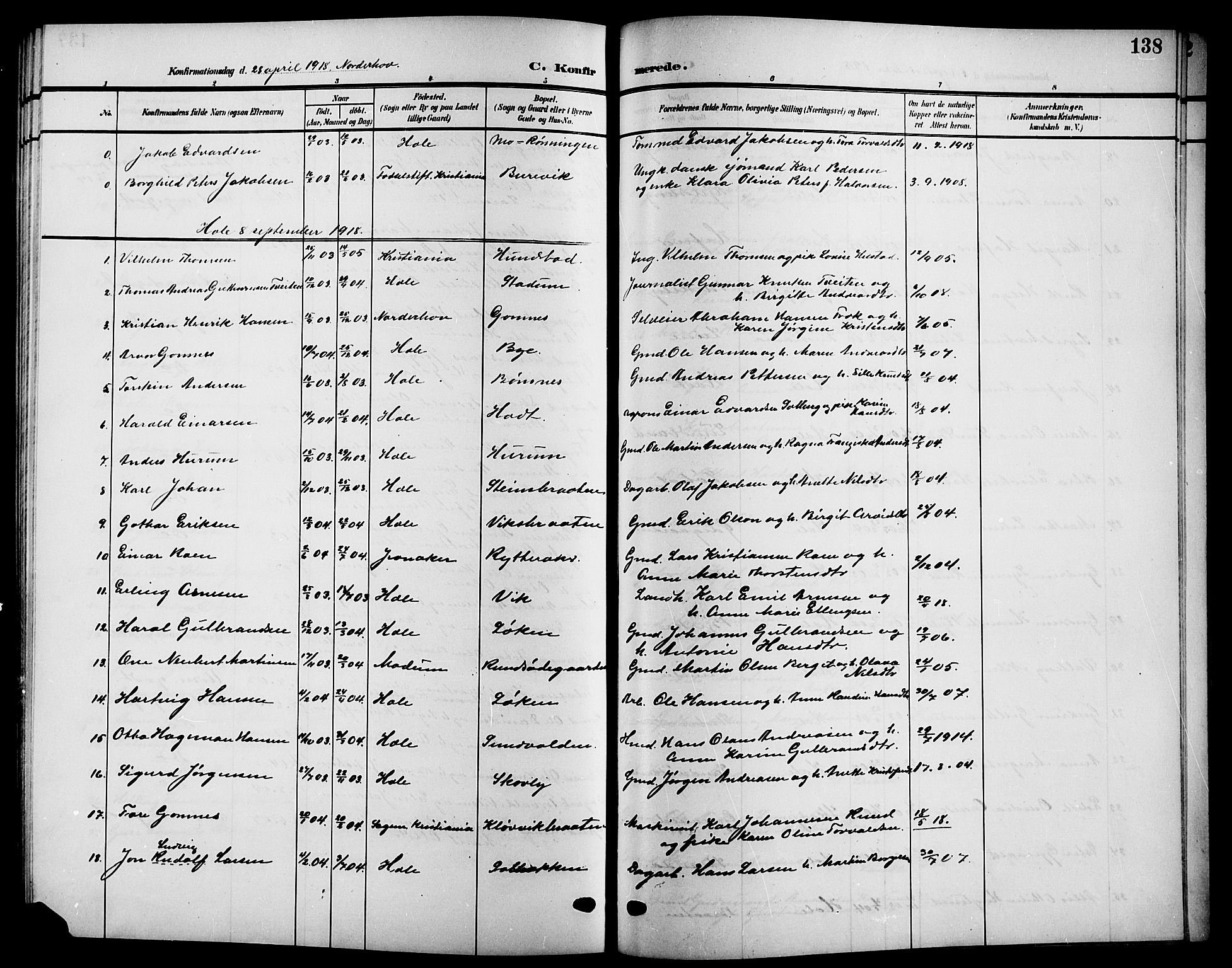 Hole kirkebøker, SAKO/A-228/G/Ga/L0004: Parish register (copy) no. I 4, 1905-1924, p. 138