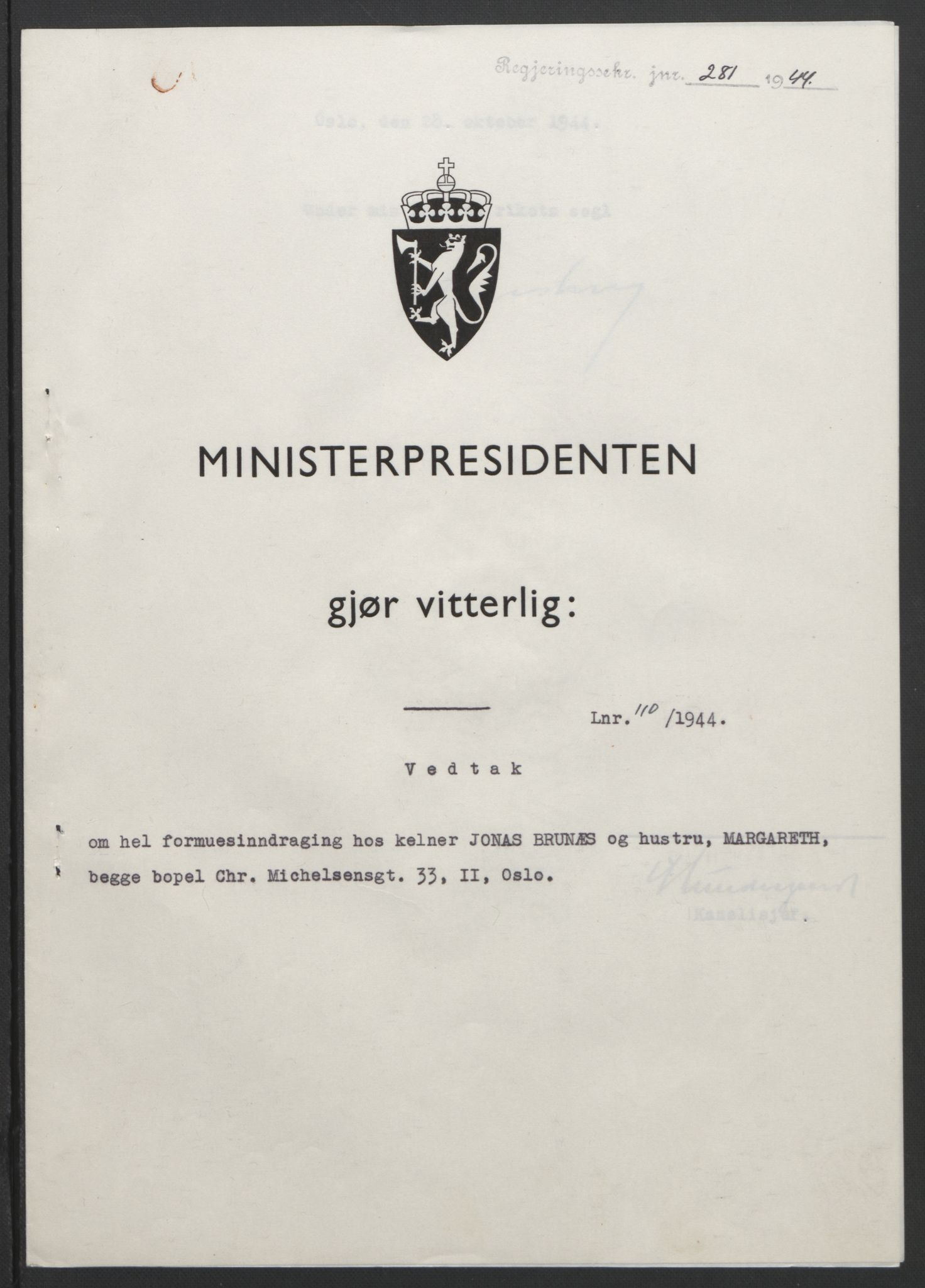 NS-administrasjonen 1940-1945 (Statsrådsekretariatet, de kommisariske statsråder mm), AV/RA-S-4279/D/Db/L0111/0003: Saker fra krigsårene / Journal, 1940-1945, p. 344