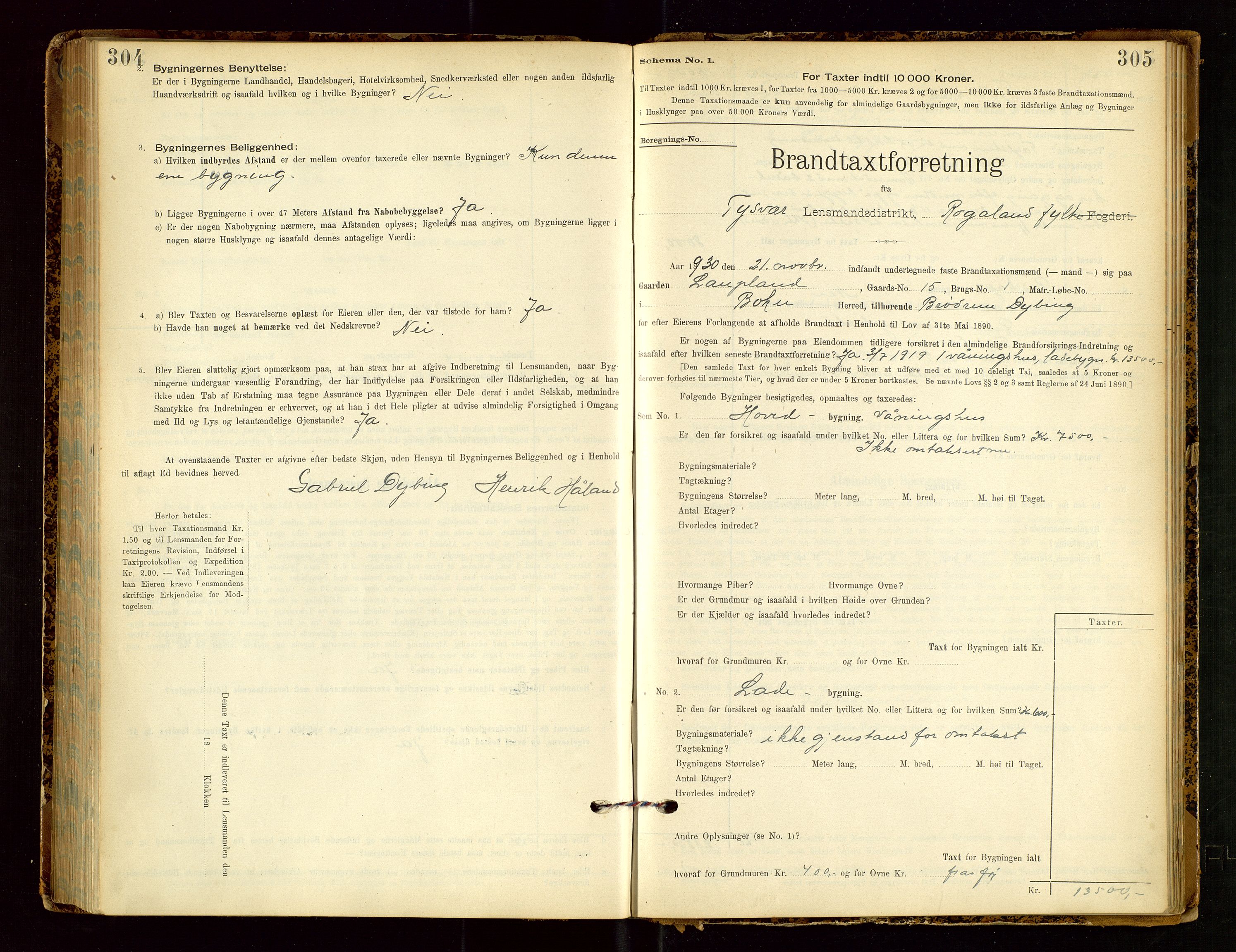 Tysvær lensmannskontor, AV/SAST-A-100192/Gob/L0002: "Brandtakstprotokol for Lensmanden i Tysvær", 1901-1932, p. 304-305