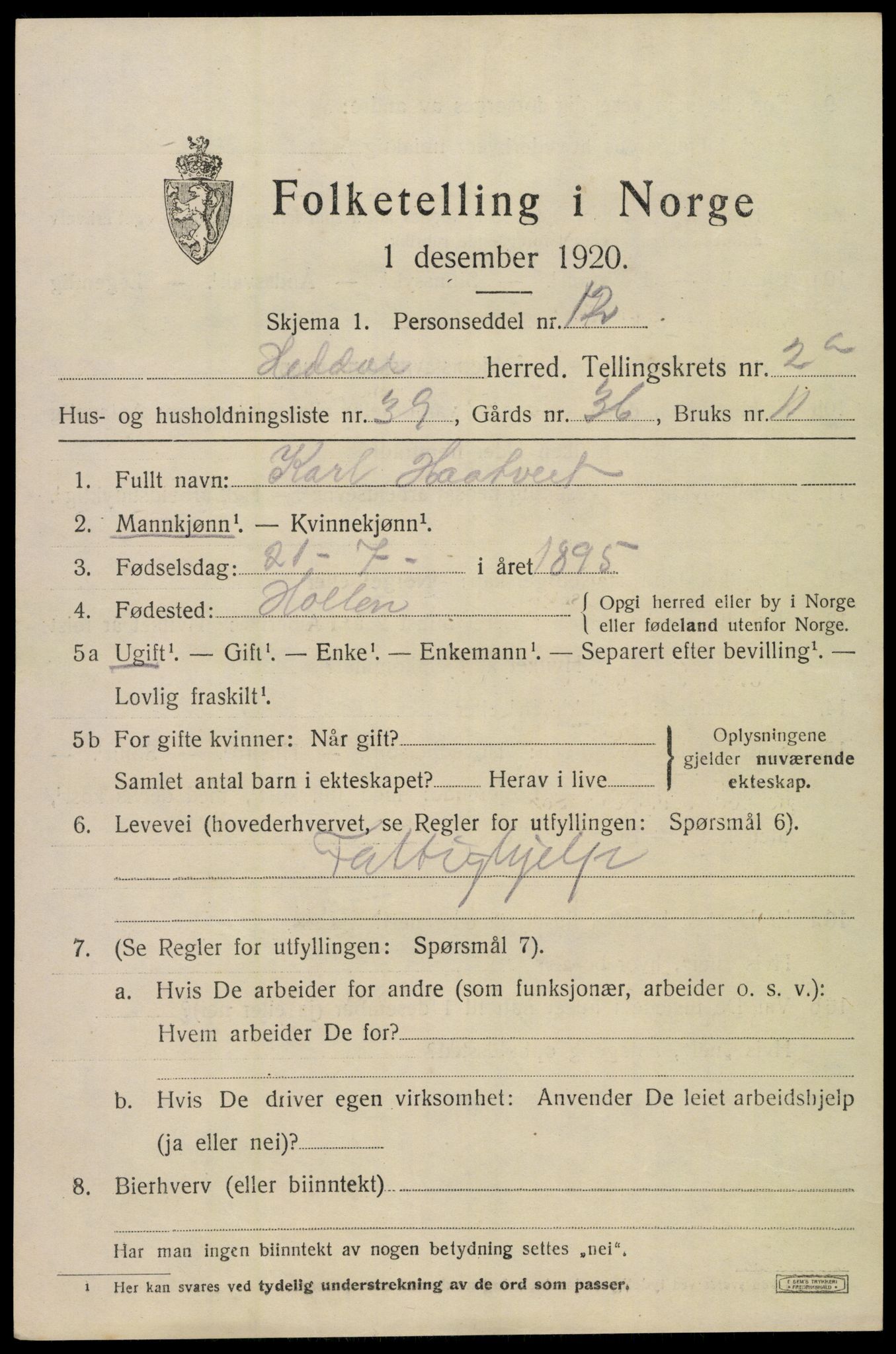 SAKO, 1920 census for Heddal, 1920, p. 2370