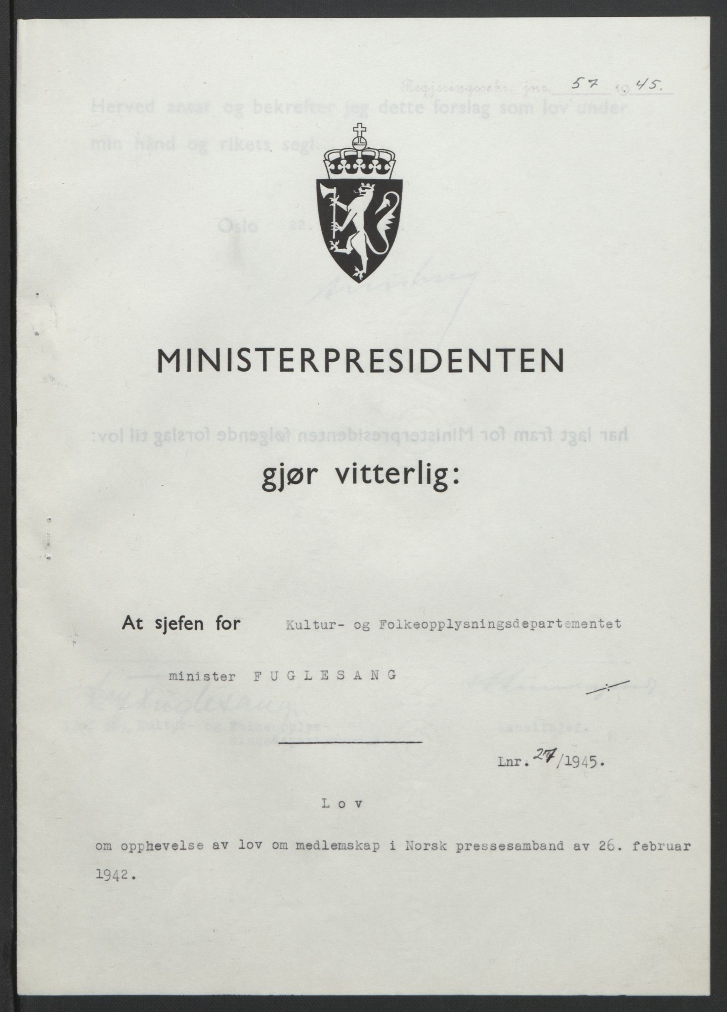 NS-administrasjonen 1940-1945 (Statsrådsekretariatet, de kommisariske statsråder mm), AV/RA-S-4279/D/Db/L0101/0001: -- / Lover og vedtak, 1945, p. 111