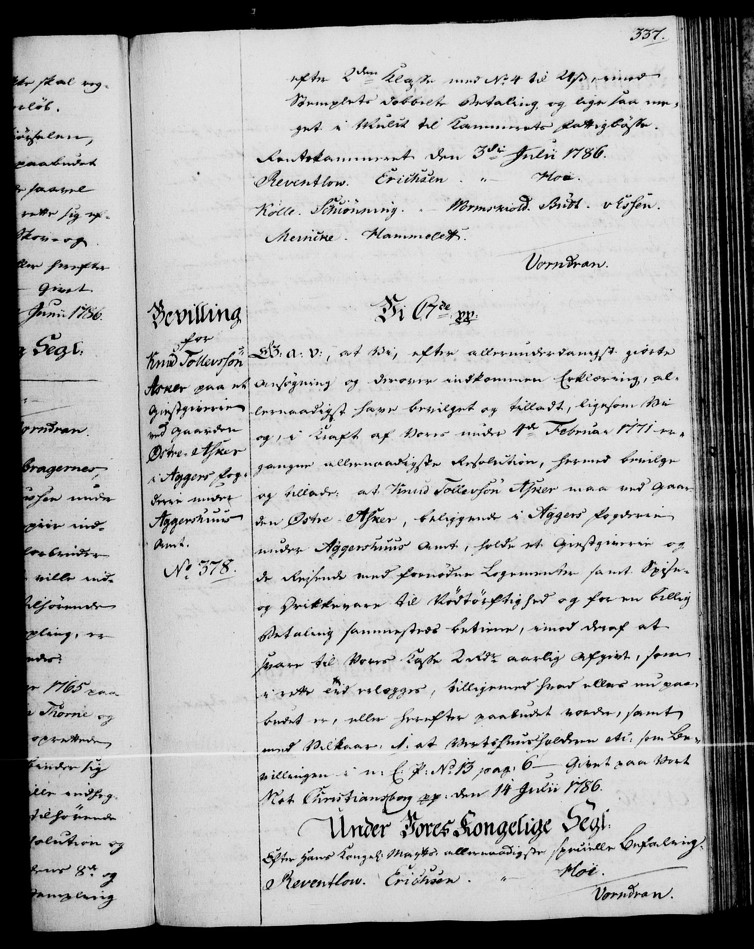 Rentekammeret, Kammerkanselliet, RA/EA-3111/G/Gg/Gga/L0013: Norsk ekspedisjonsprotokoll med register (merket RK 53.13), 1784-1787, p. 337