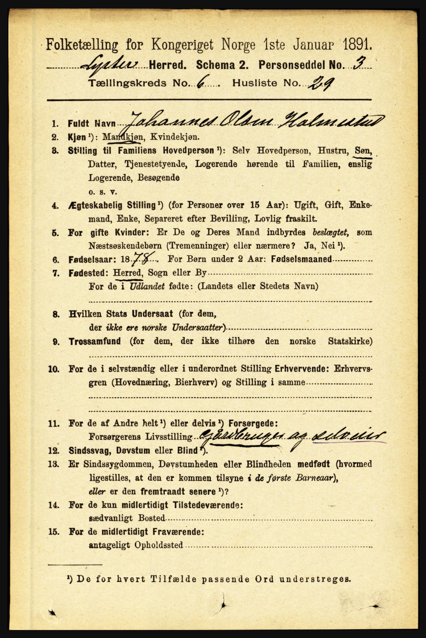 RA, 1891 census for 1426 Luster, 1891, p. 2294